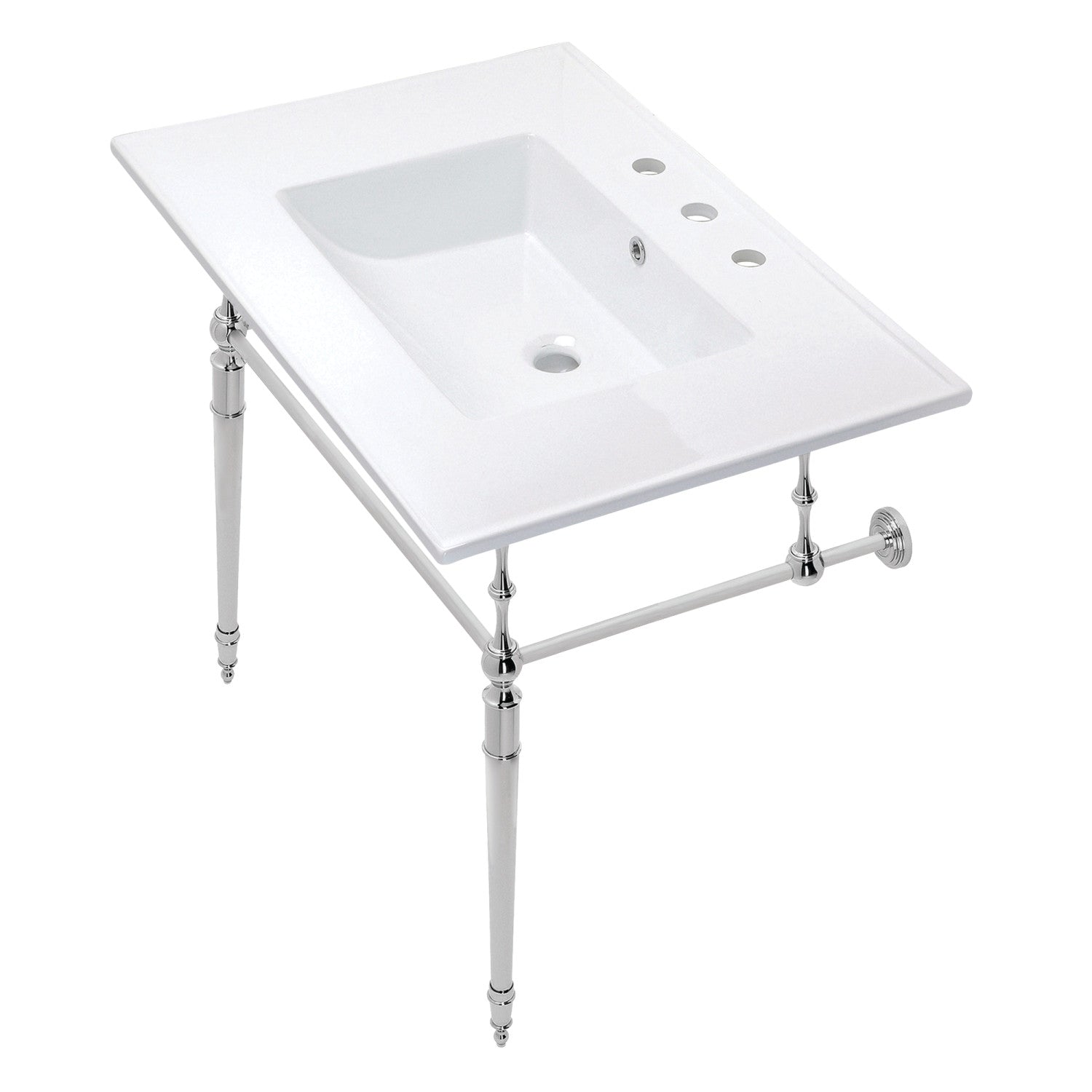 Kingston Heirloom KVPB31227W8CP - Edwardian 31-Inch Ceramic Console Sink with Brass Legs (8-Inch, 3-Hole), White/Polished Chrome