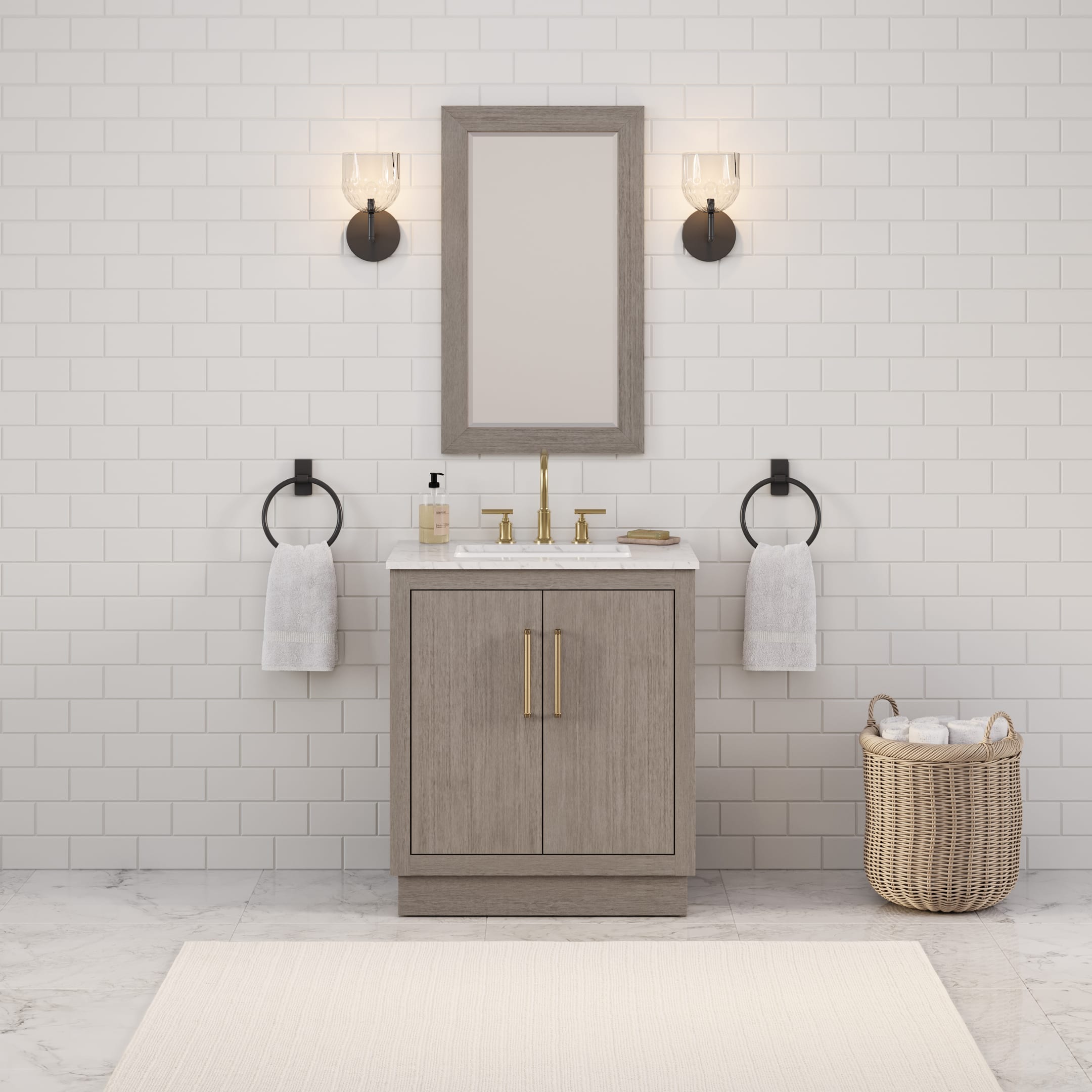 Kingston Luxe HU30CW06GK - 30 in. x 22 in. Bathroom Vanity Marble Top and White Basin, Grey Oak
