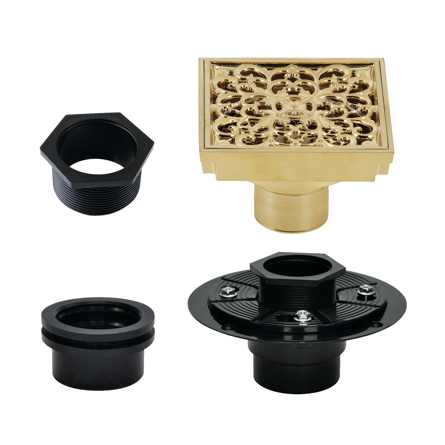 Kingston Watercourse BSFK9771BB 4-Inch Brass Square Grid Shower Drain with Hair Strainer and Base Flange, Brushed Brass