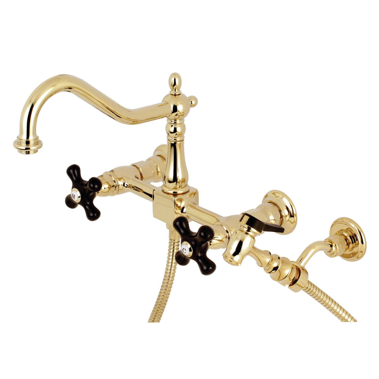 Kingston Heirloom KS1242PKXBS - Robinet de cuisine à deux poignées 3 trous Wall Mount Bridge avec pulvérisateur en laiton, laiton poli