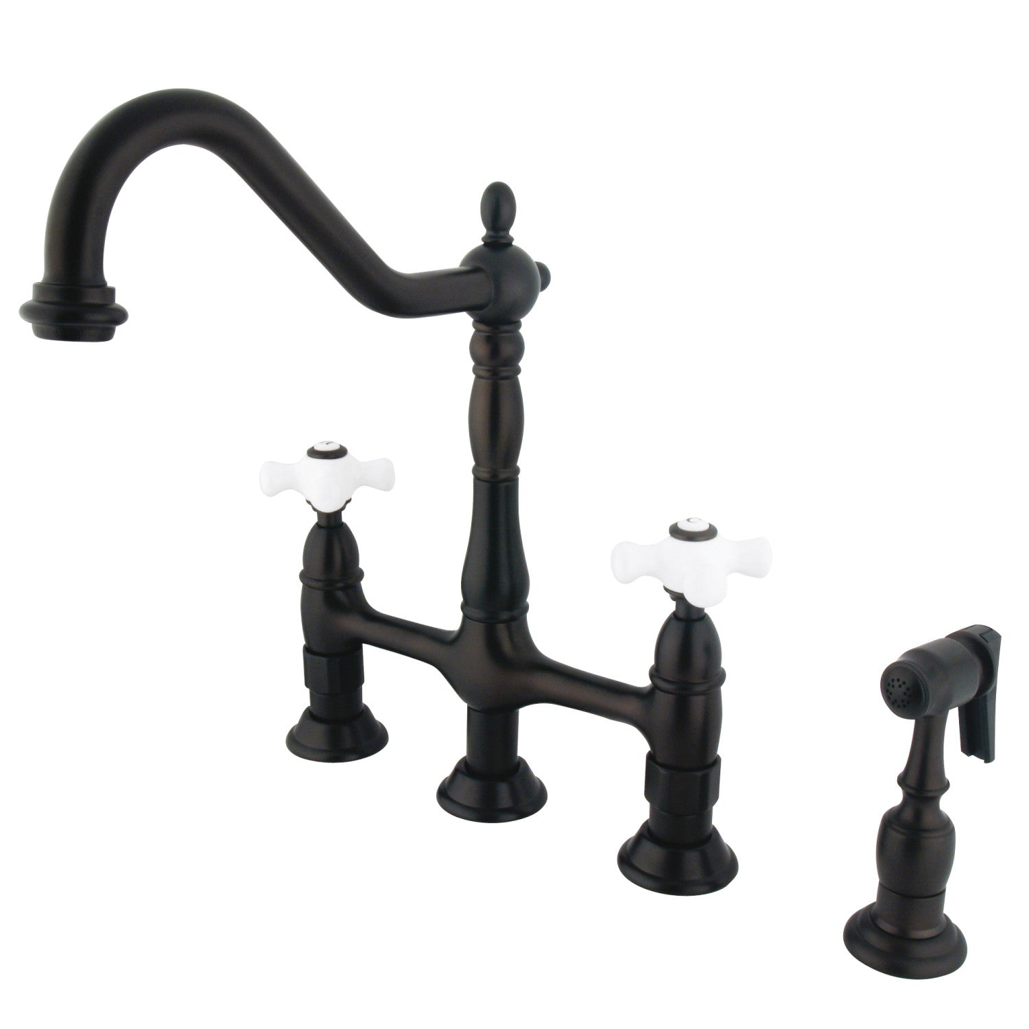 Kingston Heirloom KS1275PXBS - Robinet de cuisine à deux poignées Heritage 4 trous montage sur plage Bridge avec pulvérisateur en laiton, bronze à l'huile