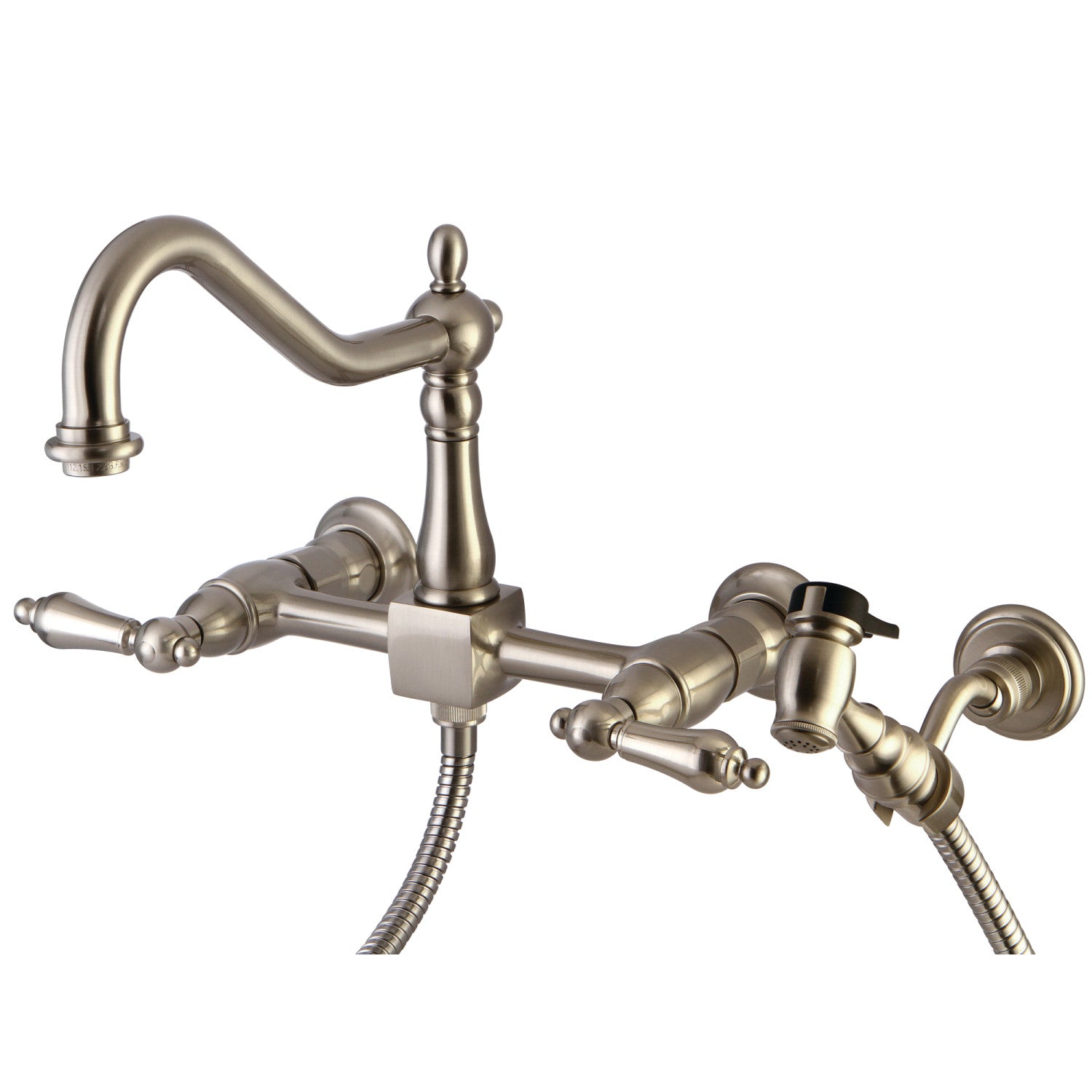 Kingston Heirloom KS1248ALBS - Robinet de cuisine à deux poignées Heritage 3 trous avec pulvérisateur en laiton, nickel brossé