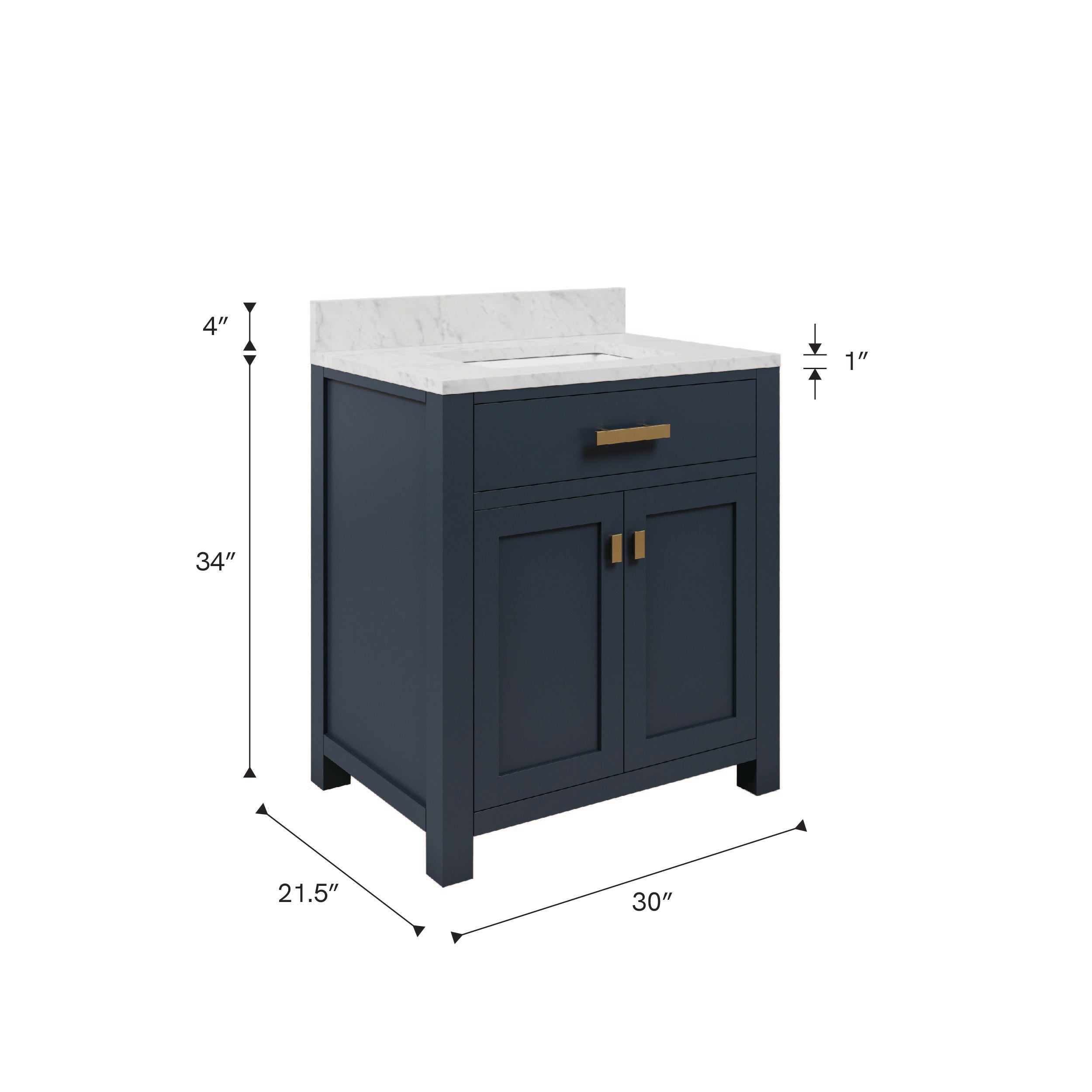Kingston Luxe MS30CW06MB - 30 in. x 21.5 in. Bathroom Vanity Marble Top in Carrara White and White Basin, Blue