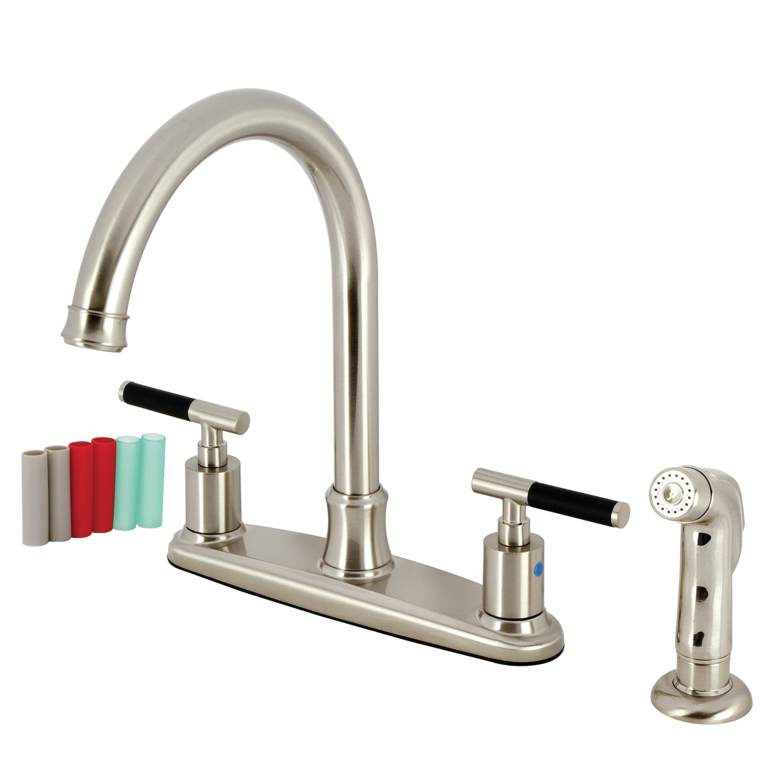 Kingston Tulare FB7798CKLSP - Robinet de cuisine central Kaiser à deux poignées 4 trous 8" avec pulvérisateur latéral, nickel brossé