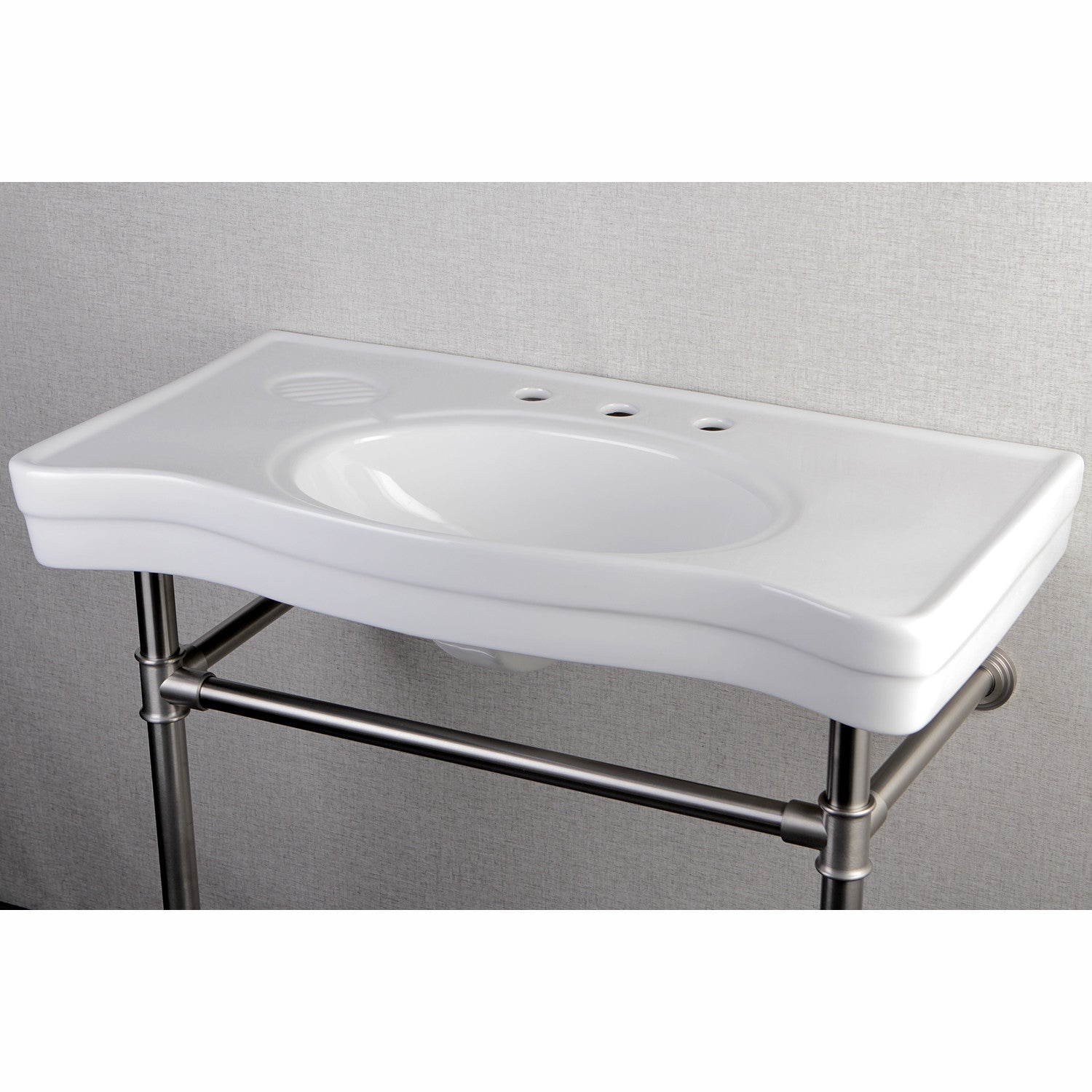 Kingston Tulare VPB1368ST - Imperial 36-Inch Ceramic Console Sink with Stainless Steel Legs (8-Inch, 3-Hole), White/Brushed Nickel