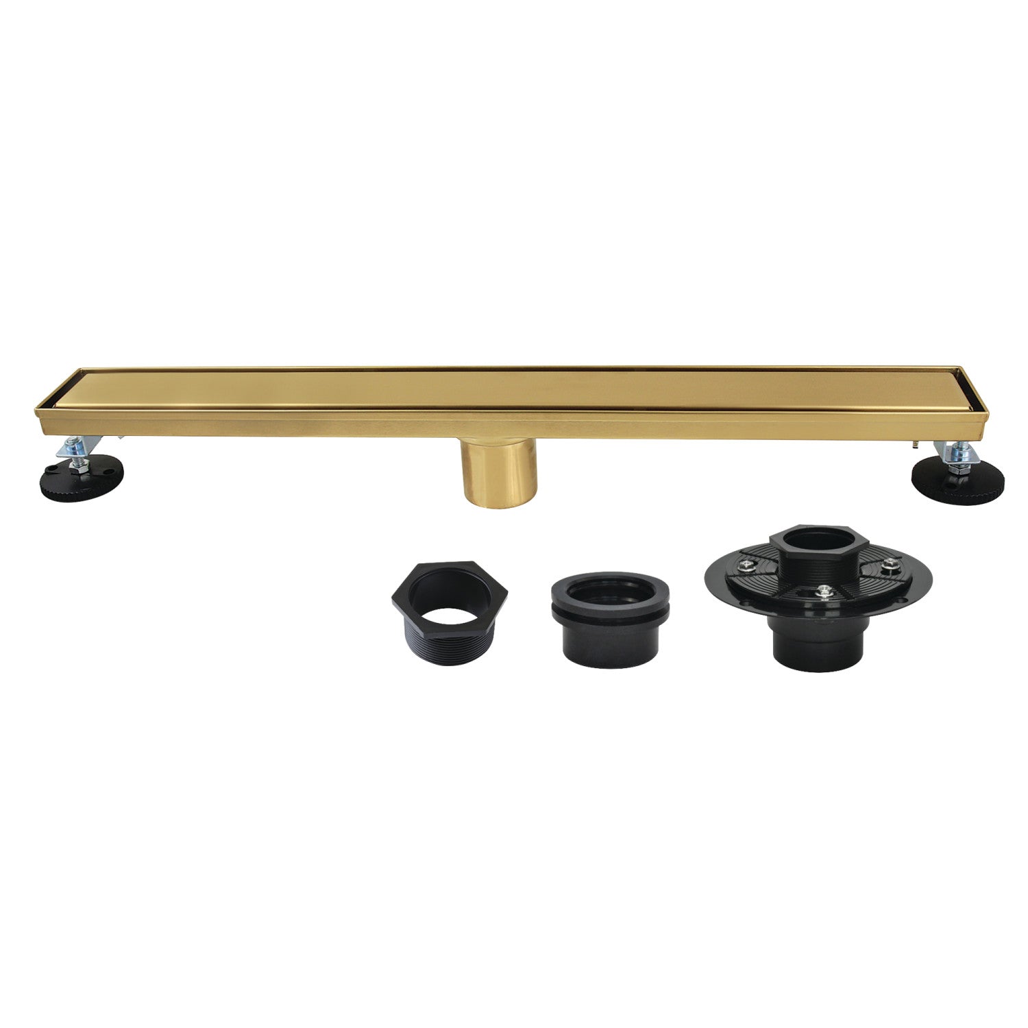 Kingston Watercourse BSFK2427 24-Inch Stainless Steel Linear Shower Drain with Reversible Tile Insert and Flat Grate, Drain with Base Flange and Hair Strainer, Brushed Brass