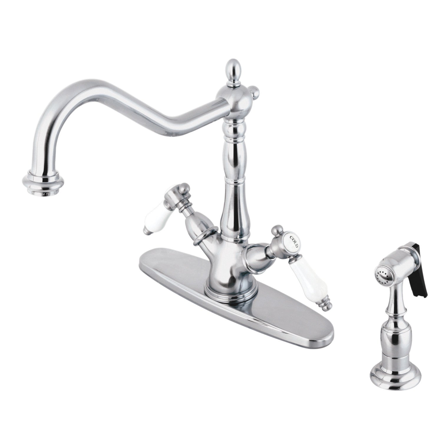 Kingston Heirloom KS1231BPLBS - Robinet de cuisine Bel-Air à deux poignées 2-or-4 avec pulvérisateur en laiton, chrome poli