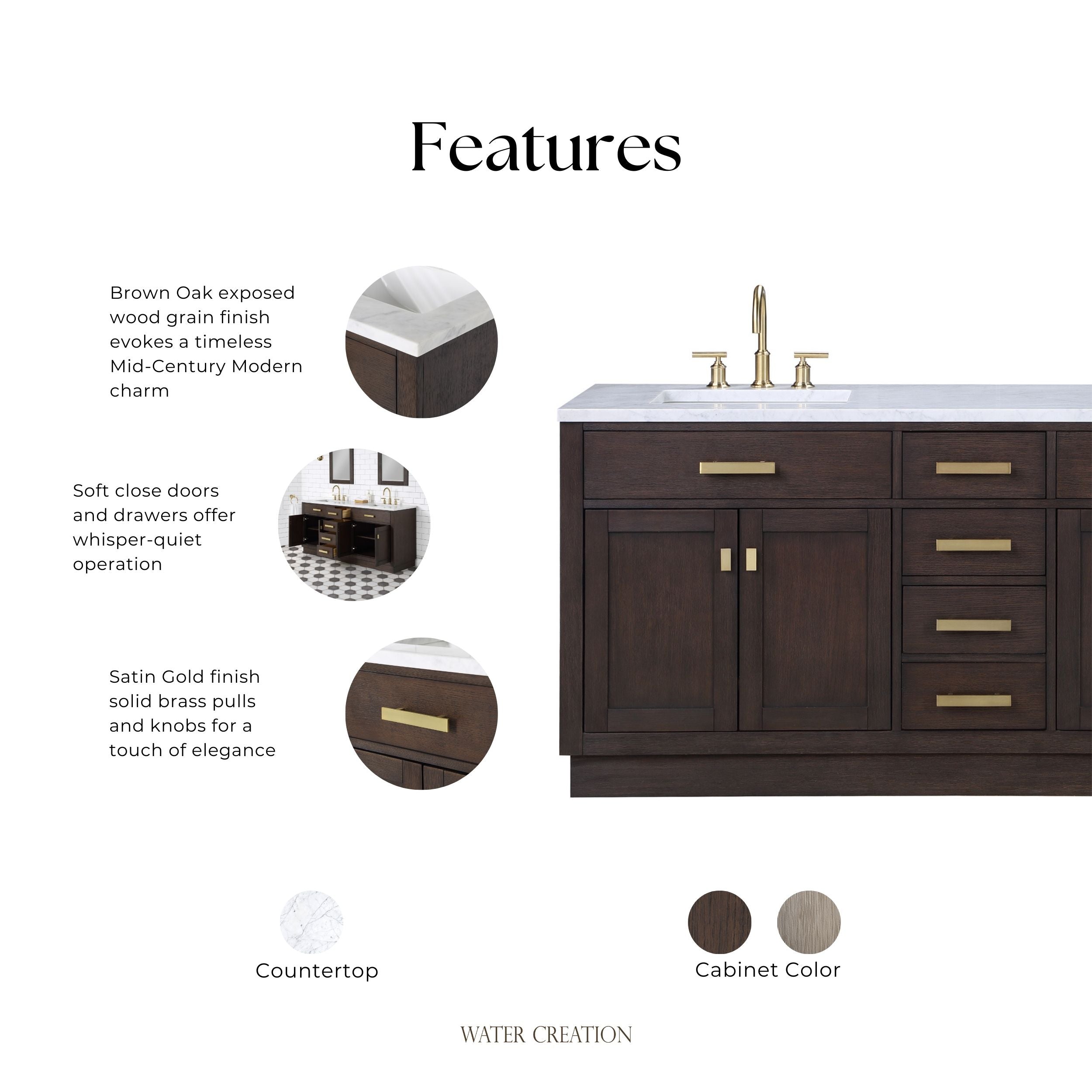 Kingston Luxe CH72CW06BK - 72 in. x 21.5 in. Bathroom Vanity Marble Top and White Basin, Brown Oak