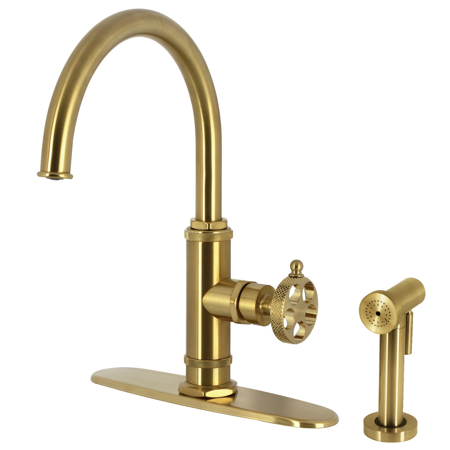 Kingston Sona KS2437RKX - Robinet de cuisine à une poignée 1 trou avec poignée moletée et pulvérisateur latéral en laiton, laiton brossé