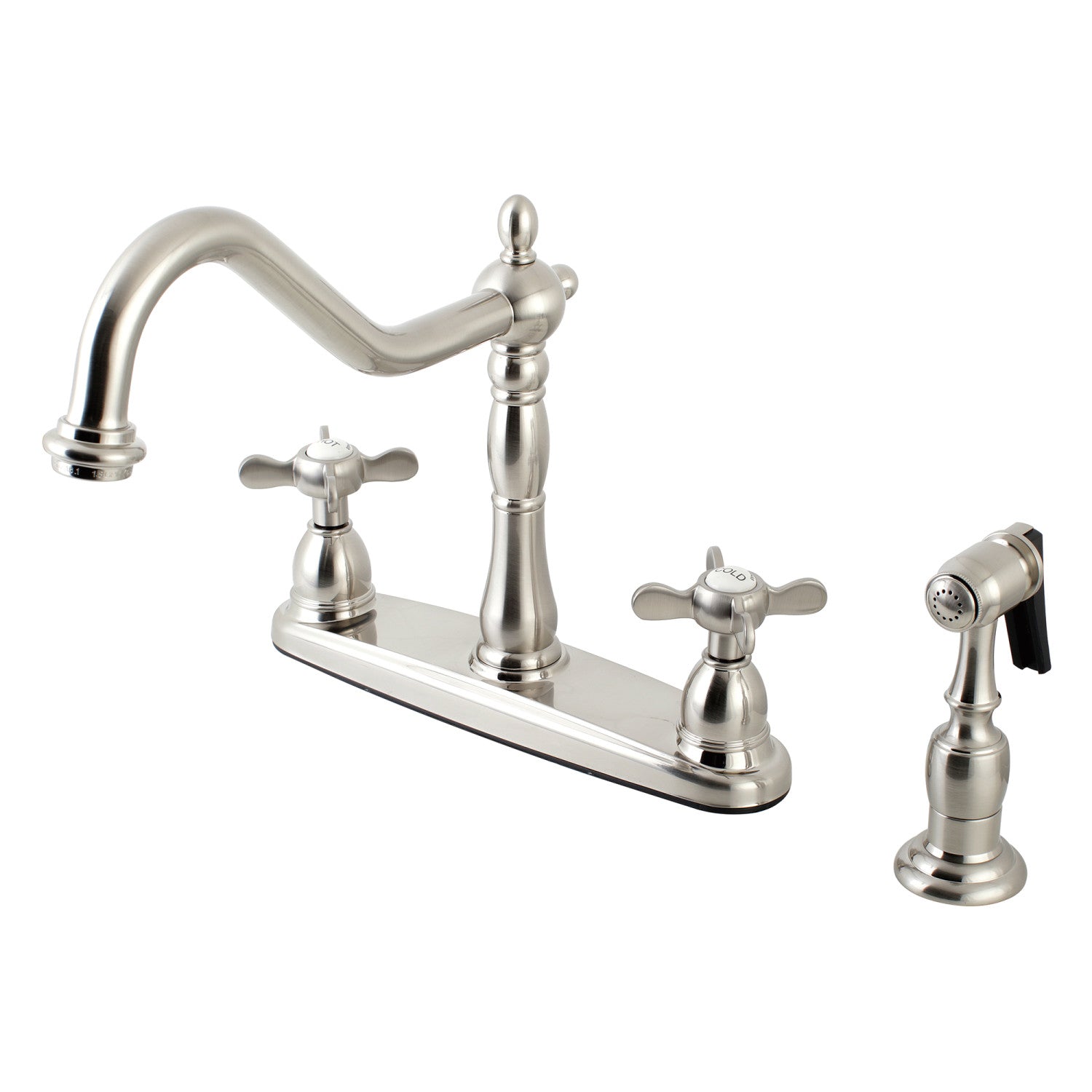Kingston Heirloom KB1758BEXBS - Essex à deux poignées 4 trous 8" Centerset Robinet de cuisine avec pulvérisateur en laiton, nickel brossé