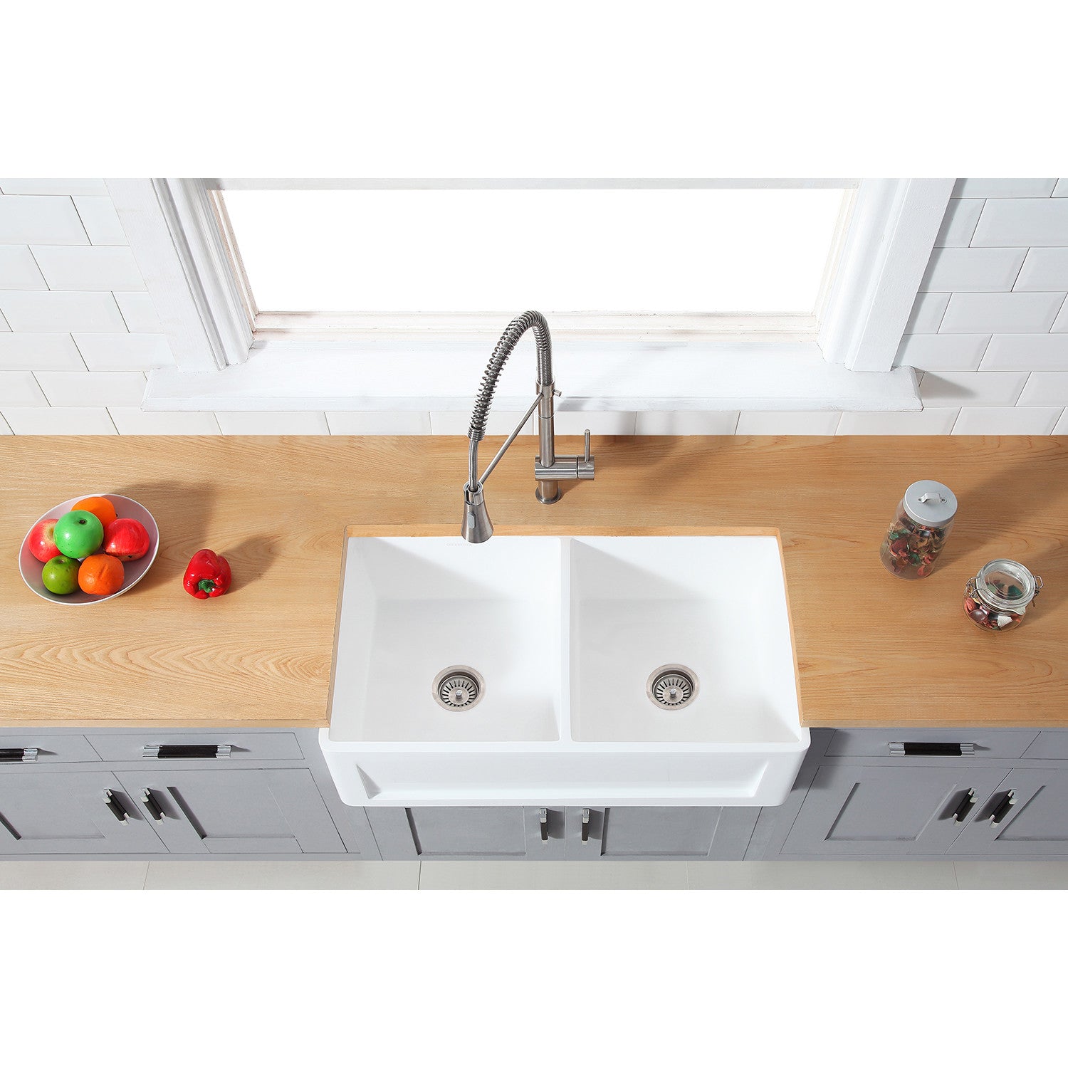 Kingston Arcticstone GKFA361810SQD 36-Inch Solid Surface White Stone Apron-Front Double Bowl Farmhouse Kitchen Sink with Strainers x 2, Matte White