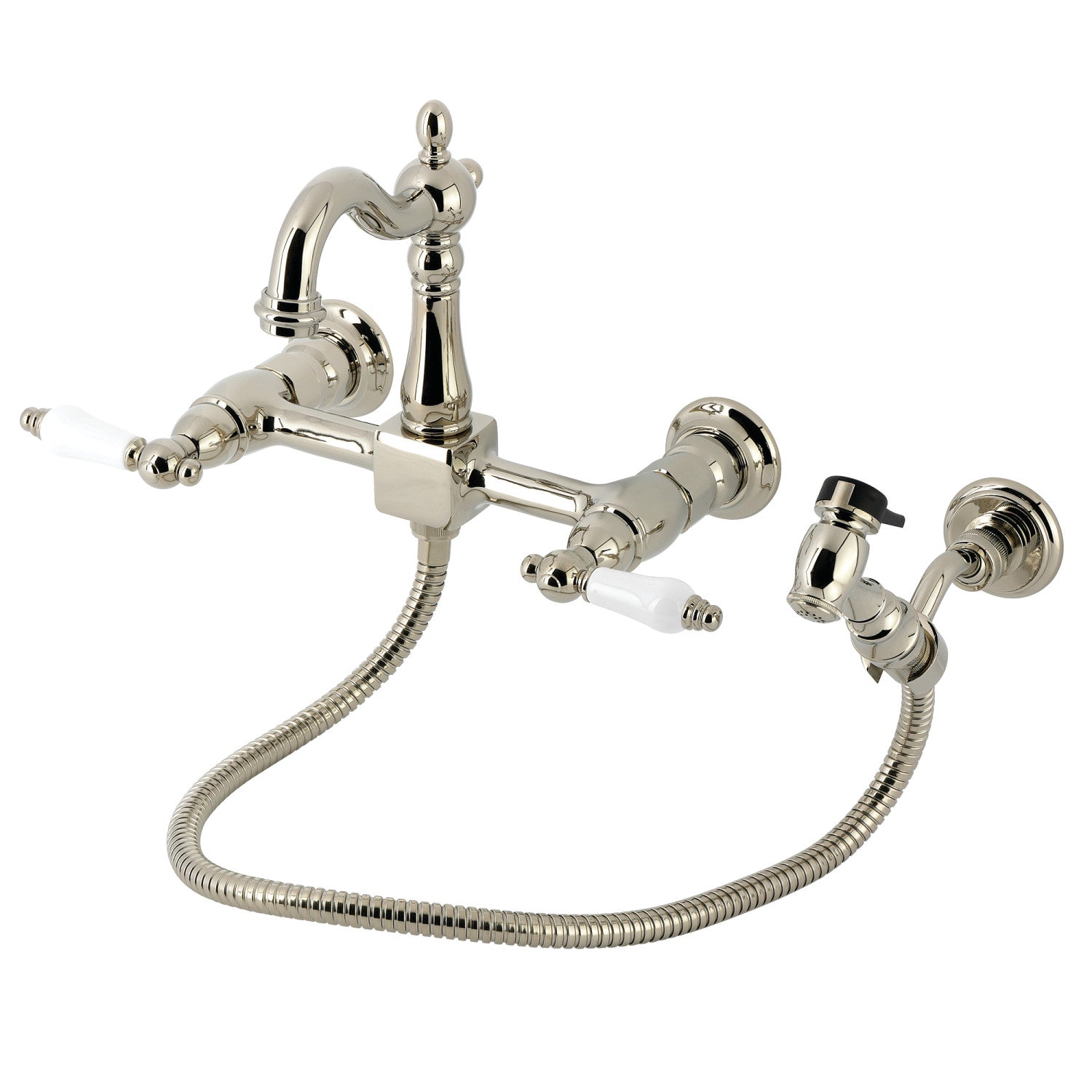 Kingston Heirloom KS2446PLBS - Robinet de cuisine à deux poignées Heritage 3 trous avec pulvérisateur en laiton, nickel poli