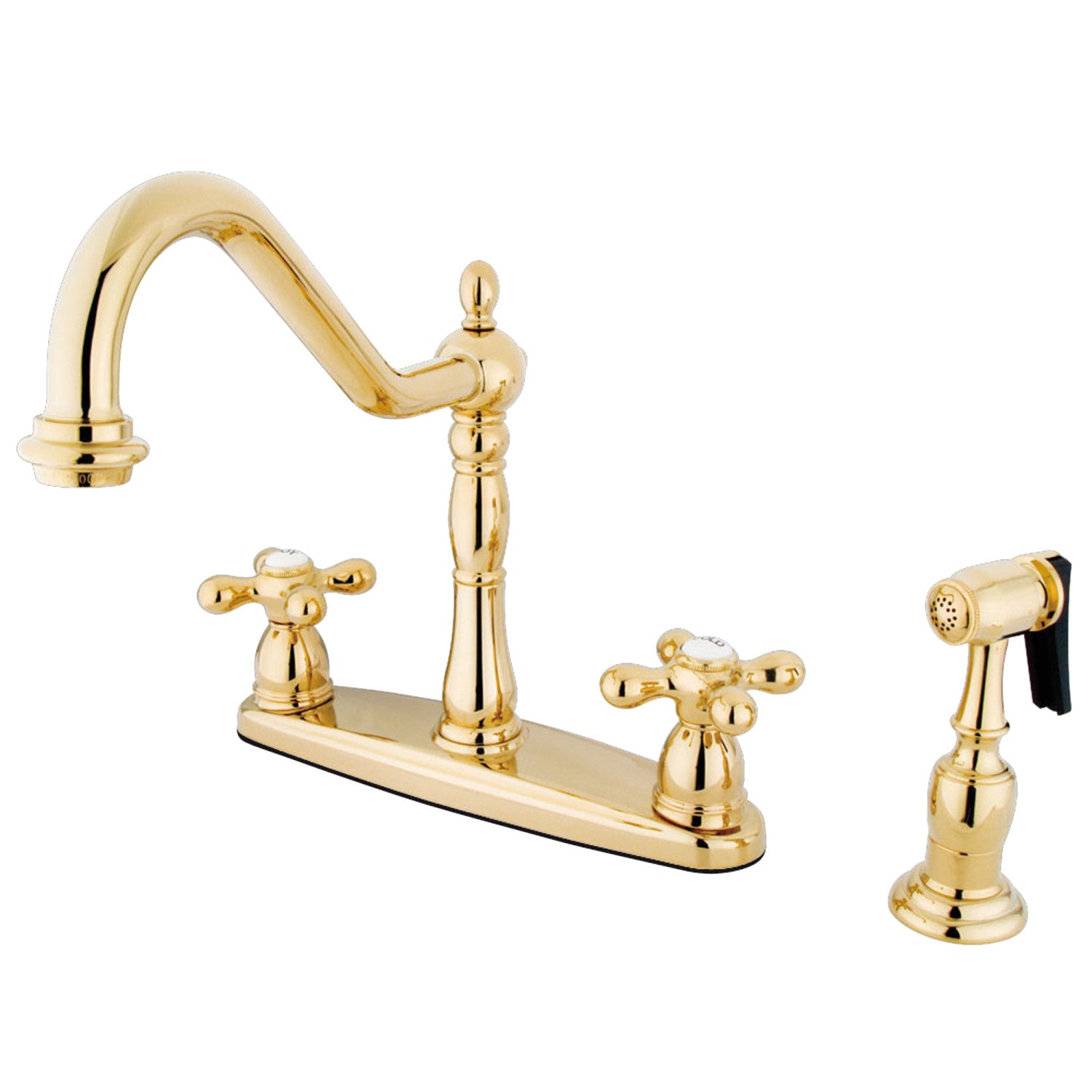 Kingston Heirloom KB1752AXBS - Robinet de cuisine central à deux poignées Heritage 4 trous 8" avec pulvérisateur en laiton poli