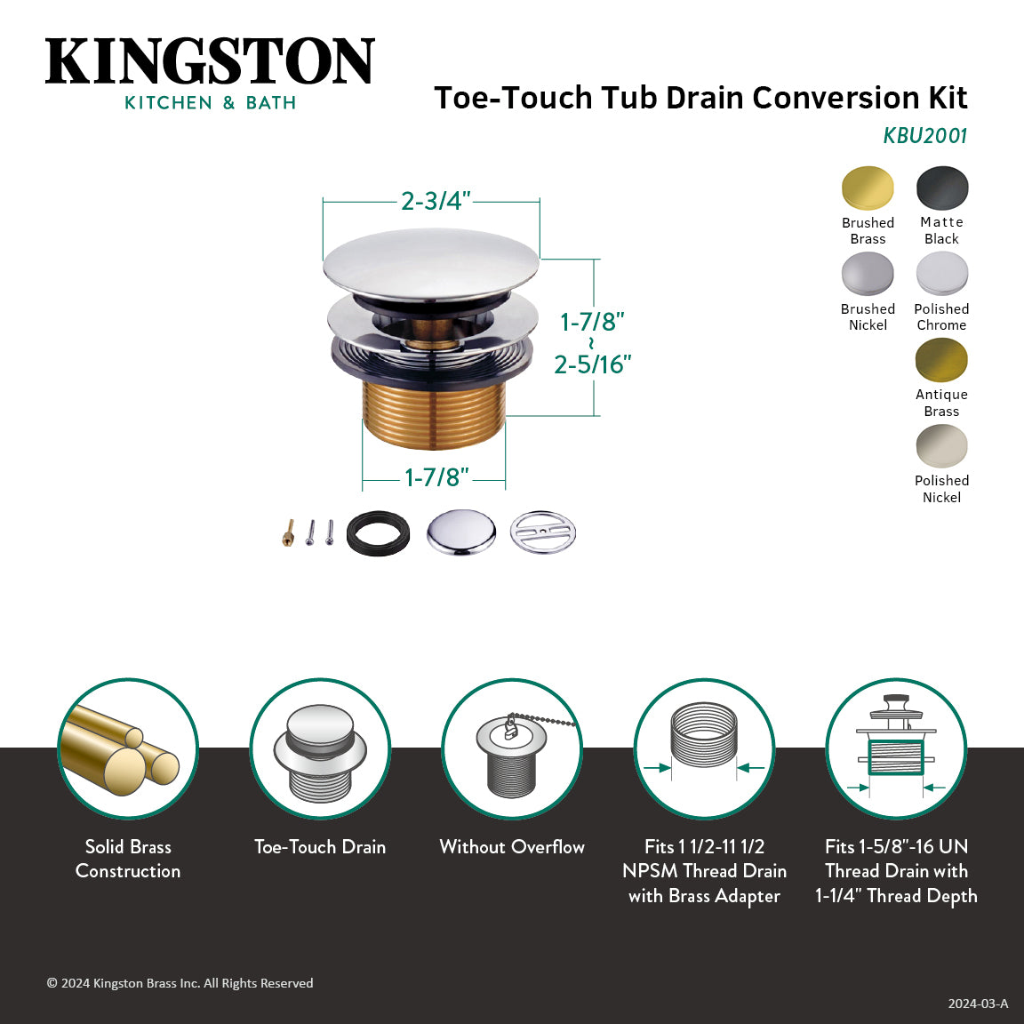 Kingston Sona KBU2001 - Eugene Toe Touch Tub Drain Conversion Kit, Polished Chrome