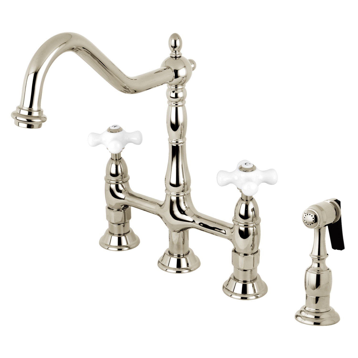 Kingston Heirloom KS1276PXBS - Robinet de cuisine à deux poignées Heritage 4 trous montage sur plage Bridge avec pulvérisateur en laiton, nickel poli