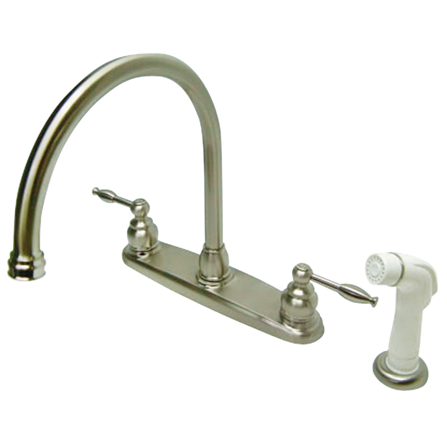 Kingston Tulare KB2798KL - Robinet de cuisine central à deux poignées Knight 4 trous 8" avec pulvérisateur latéral, nickel brossé