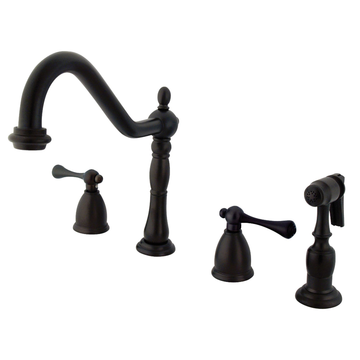 Kingston Heirloom KB1795BLBS - Robinet de cuisine à double poignée Heritage 4 trous avec pulvérisateur en laiton, bronze frotté à l'huile