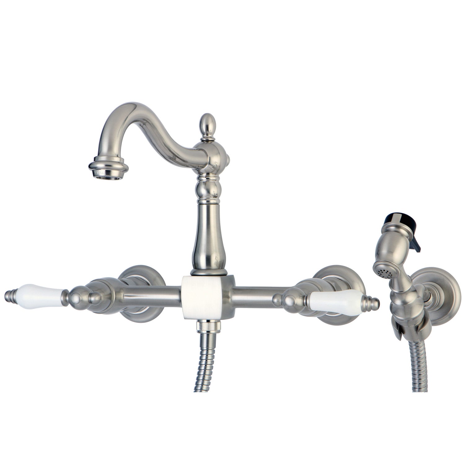 Kingston Heirloom KS1268PLBS - Robinet de cuisine à deux poignées Heritage 3 trous avec pulvérisateur en laiton, nickel brossé