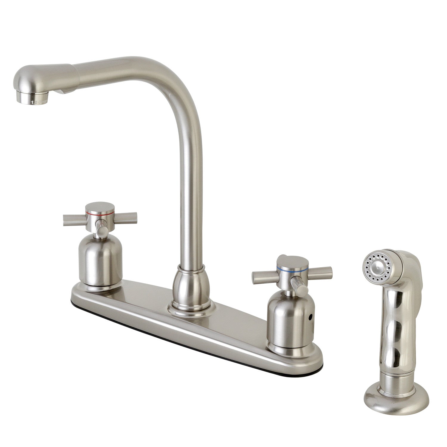 Kingston Tulare FB758DXSP - Robinet de cuisine central à deux poignées Concord 4 trous 8" avec pulvérisateur latéral, nickel brossé