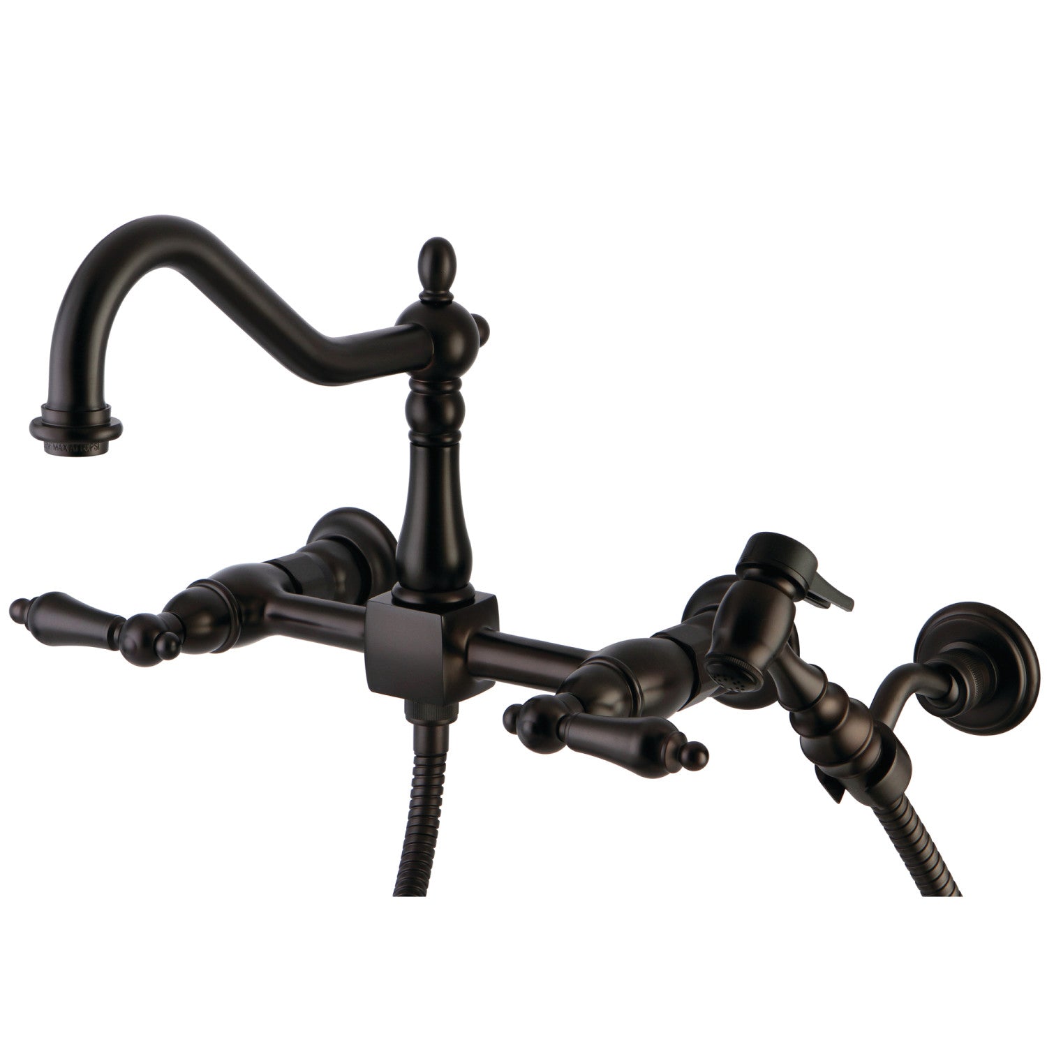Kingston Heirloom KS1245ALBS - Robinet de cuisine à deux poignées Heritage 3 trous Wall Mount Bridge avec pulvérisateur en laiton, bronze à l'huile