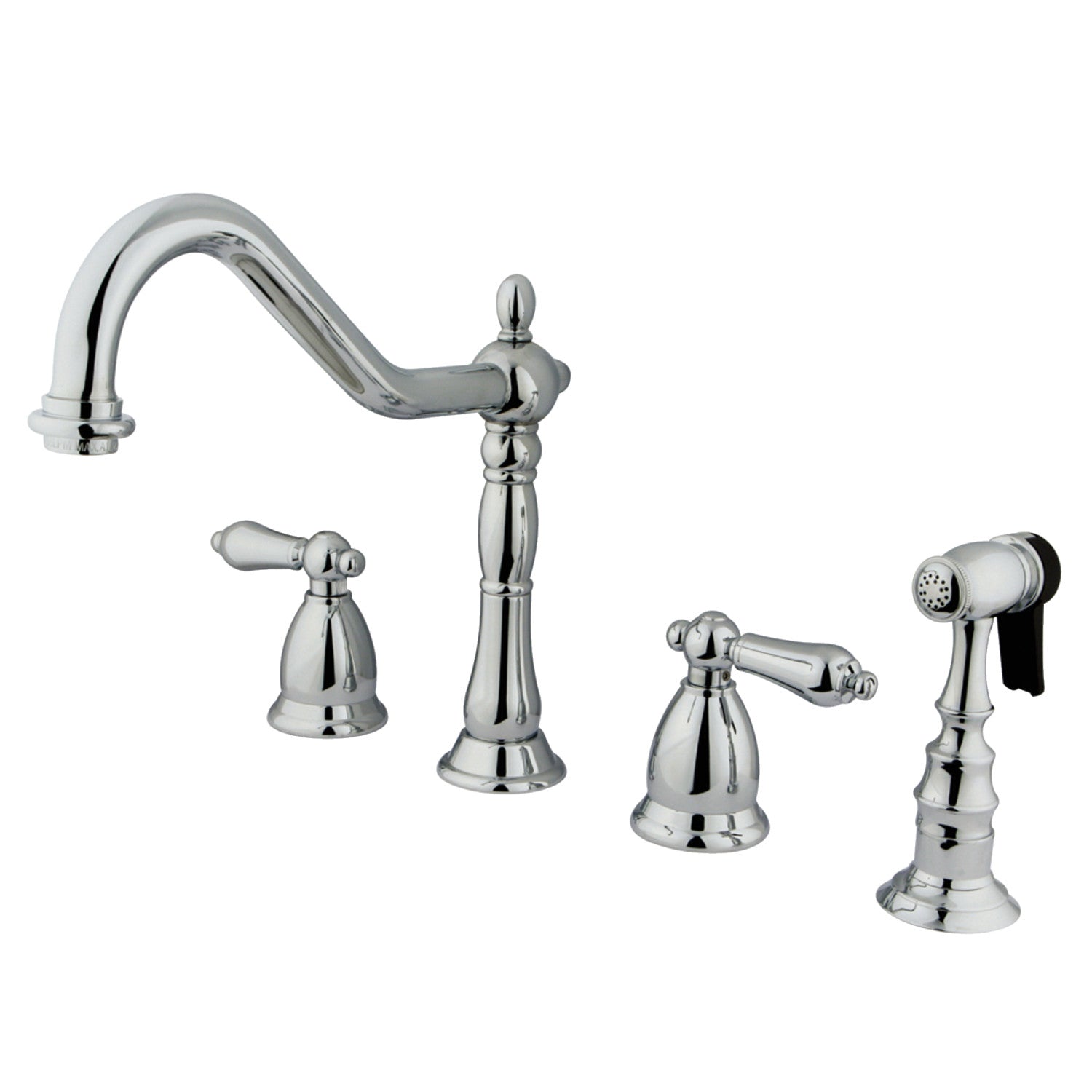 Kingston Heirloom KS1791ALBS - Robinet de cuisine à double poignée Heritage 4 trous avec pulvérisateur en laiton, chrome poli