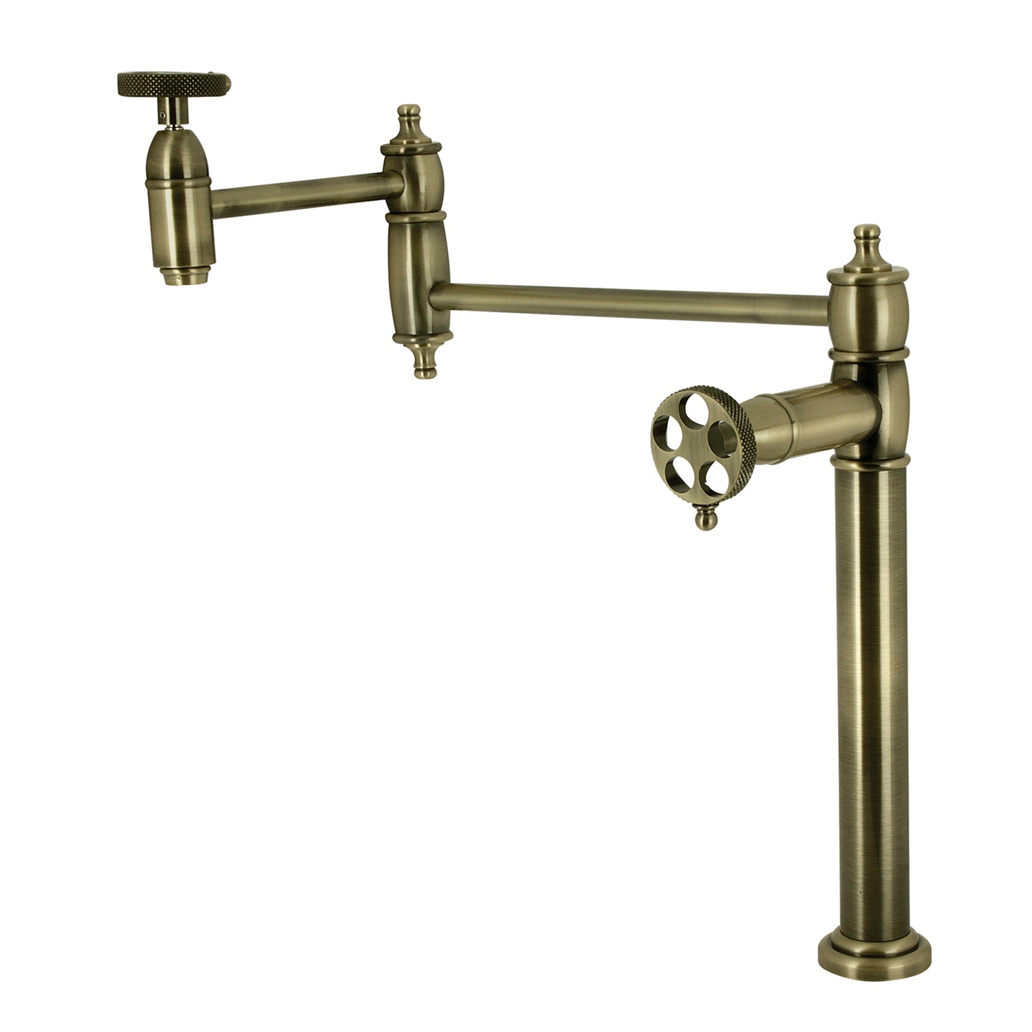 Kingston Tulare KS3703RKX - Webb Robinet de remplissage de pot de plate-forme à deux poignées 1 trou avec poignée moletée, laiton antique