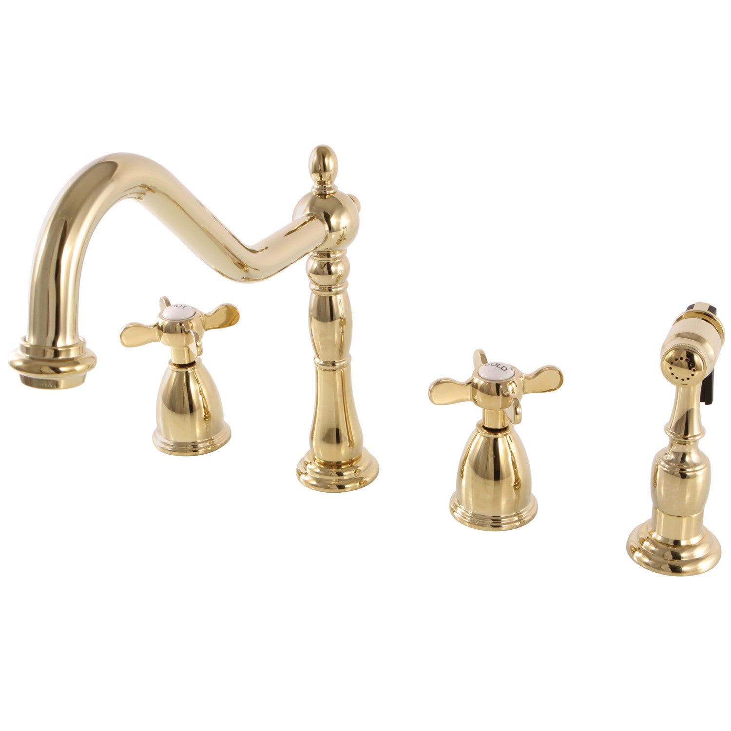 Kingston Heirloom KB1792BEXBS - Essex Double-Handle 4 trous Robinet de cuisine répandu avec pulvérisateur en laiton, laiton poli