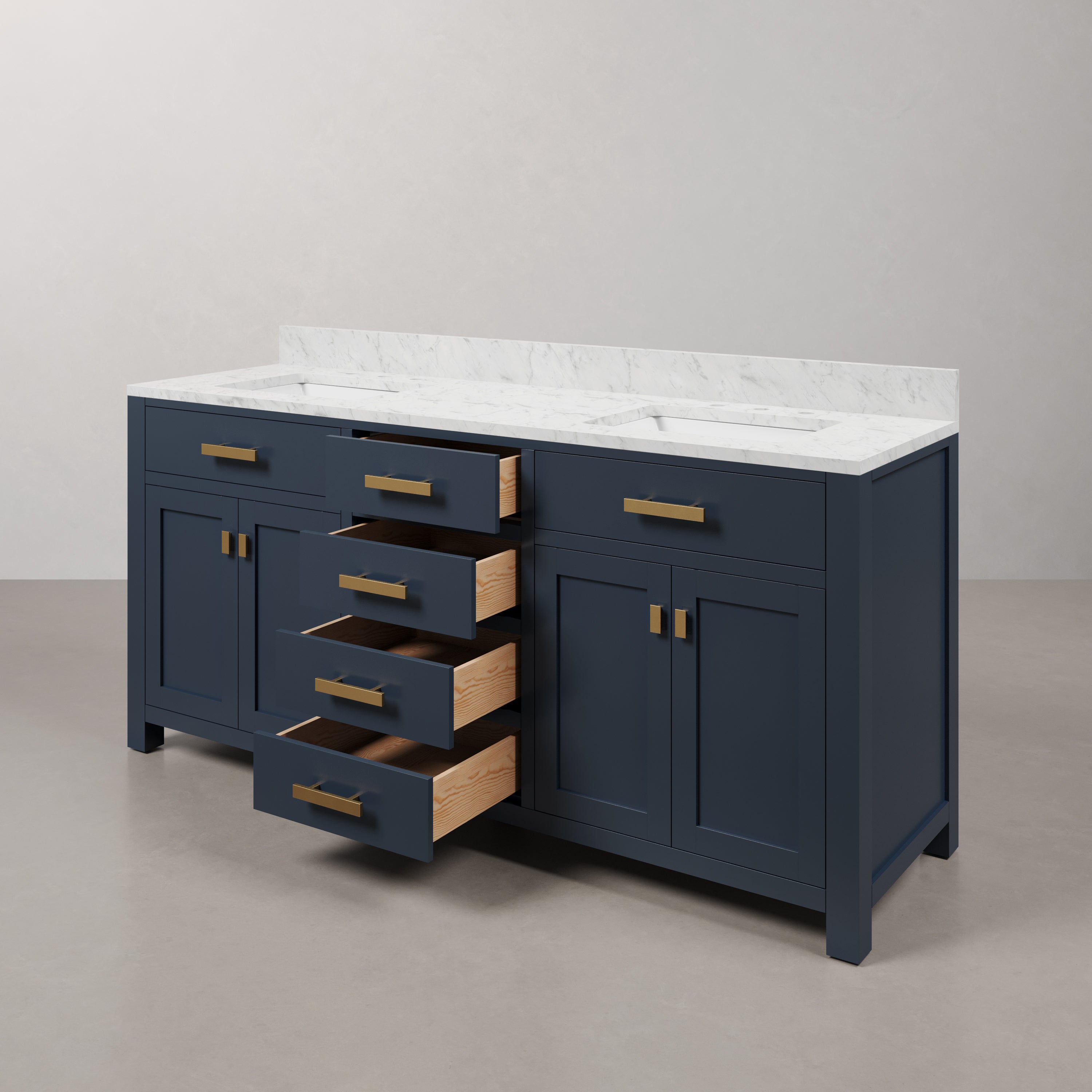 Kingston Luxe MS72CW06MB - 72 in. x 21.5 in. Bathroom Vanity Carrara White Marble Top and White Basins, Monarch Blue