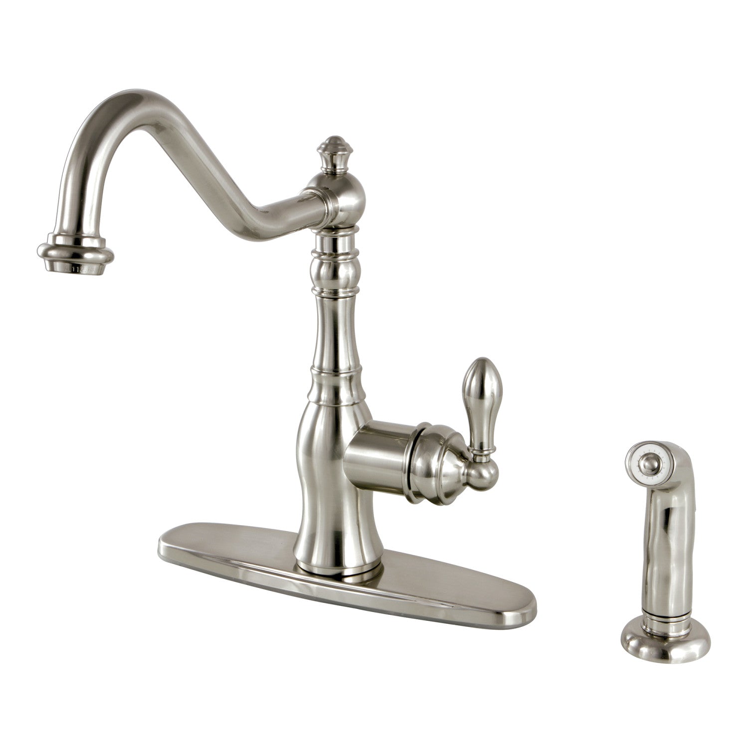 Kingston Heirloom GSY7708ACLSP - Robinet de cuisine américain classique à une poignée 2-or-4 trou de pont avec pulvérisateur latéral, nickel brossé
