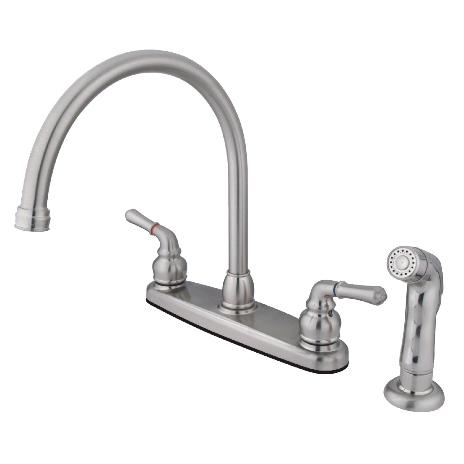 Kingston Tulare FB798SP - Robinet de cuisine à deux poignées Magellan 4 trous 8" avec pulvérisateur latéral, nickel brossé