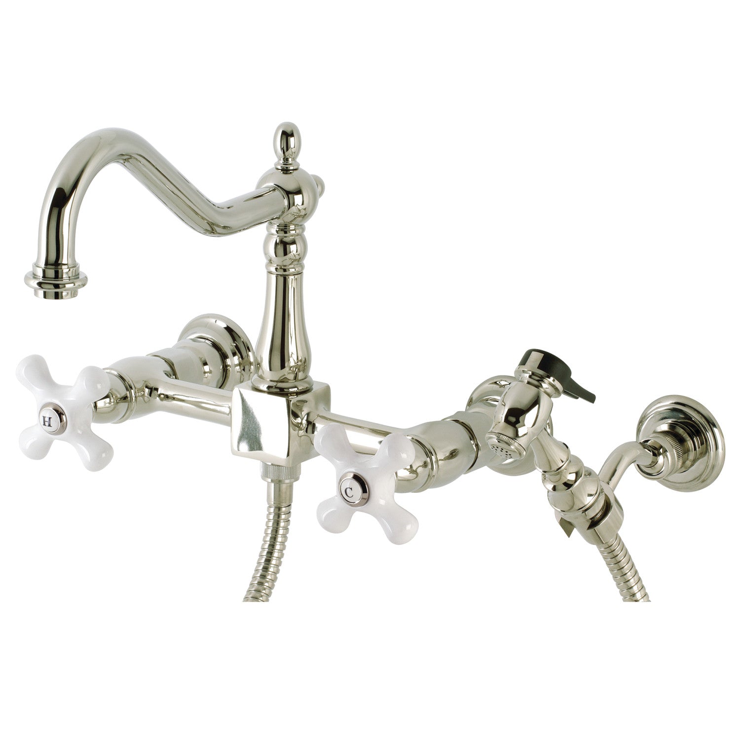 Kingston Heirloom KS1246PXBS - Robinet de cuisine à deux poignées Heritage 3 trous avec pulvérisateur en laiton, nickel poli