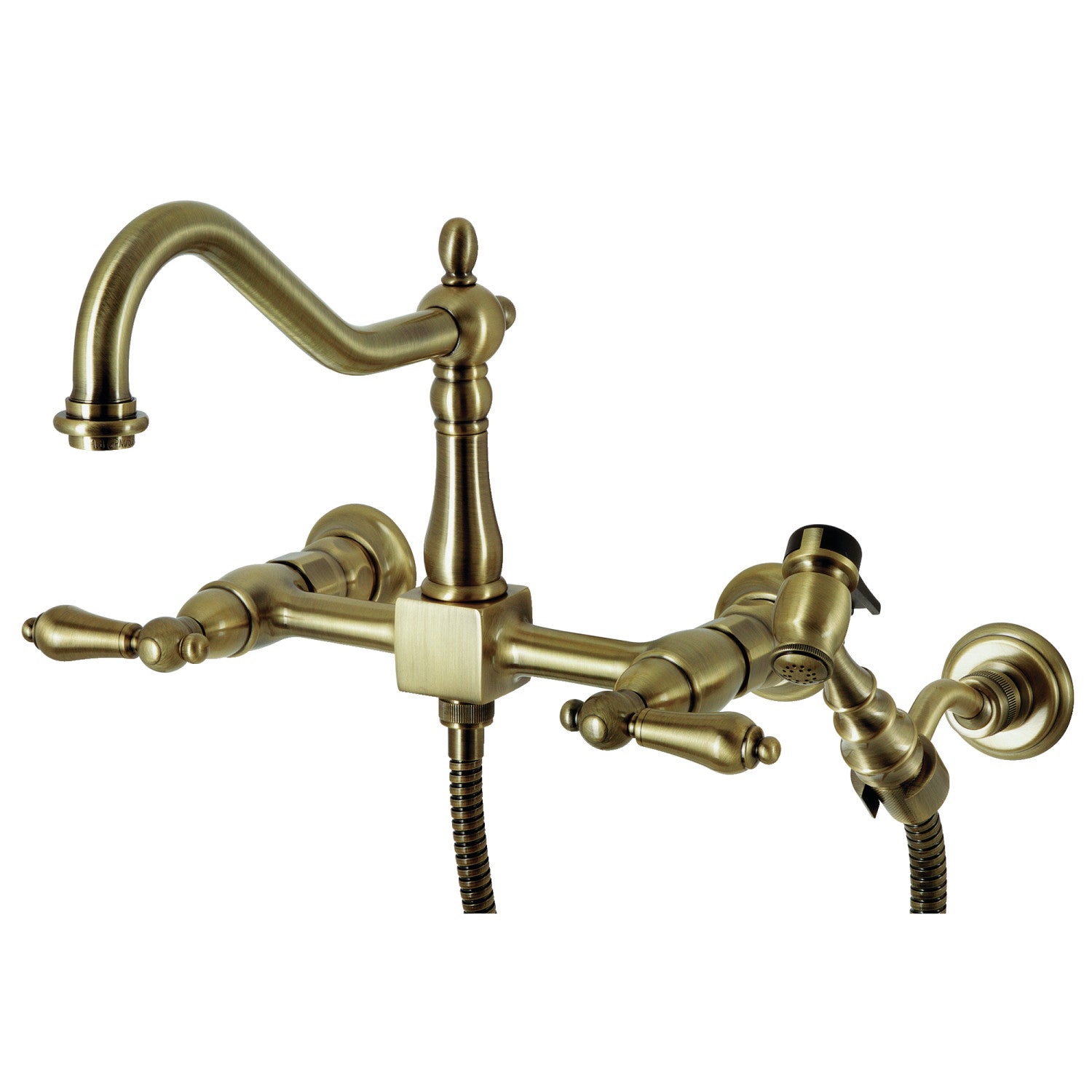 Kingston Heirloom KS1243ALBS - Robinet de cuisine à double poignée Heritage 3 trous Wall Mount Bridge avec pulvérisateur en laiton, laiton antique