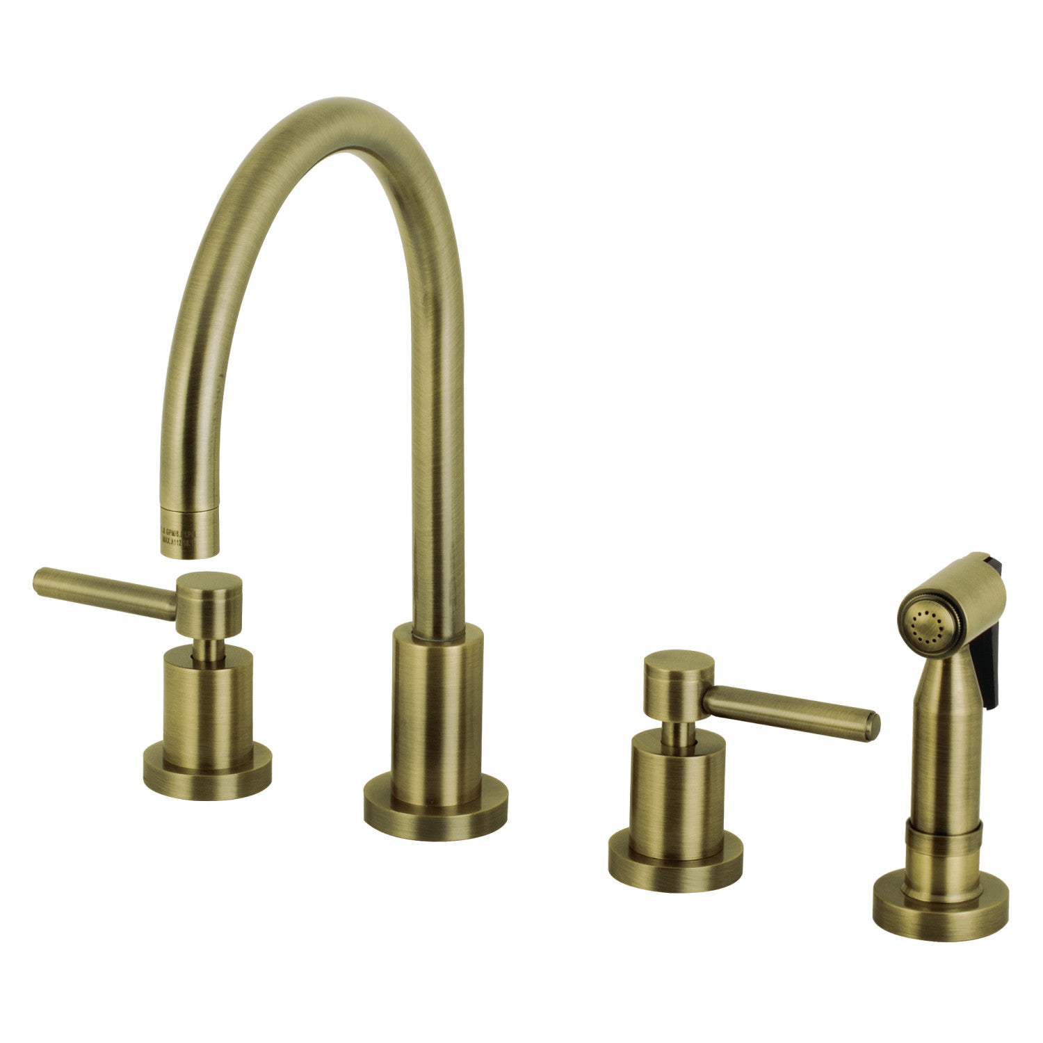Kingston Sona KS8723DLBS - Robinet de cuisine à double poignée Concord 4 trous avec pulvérisateur en laiton, laiton antique