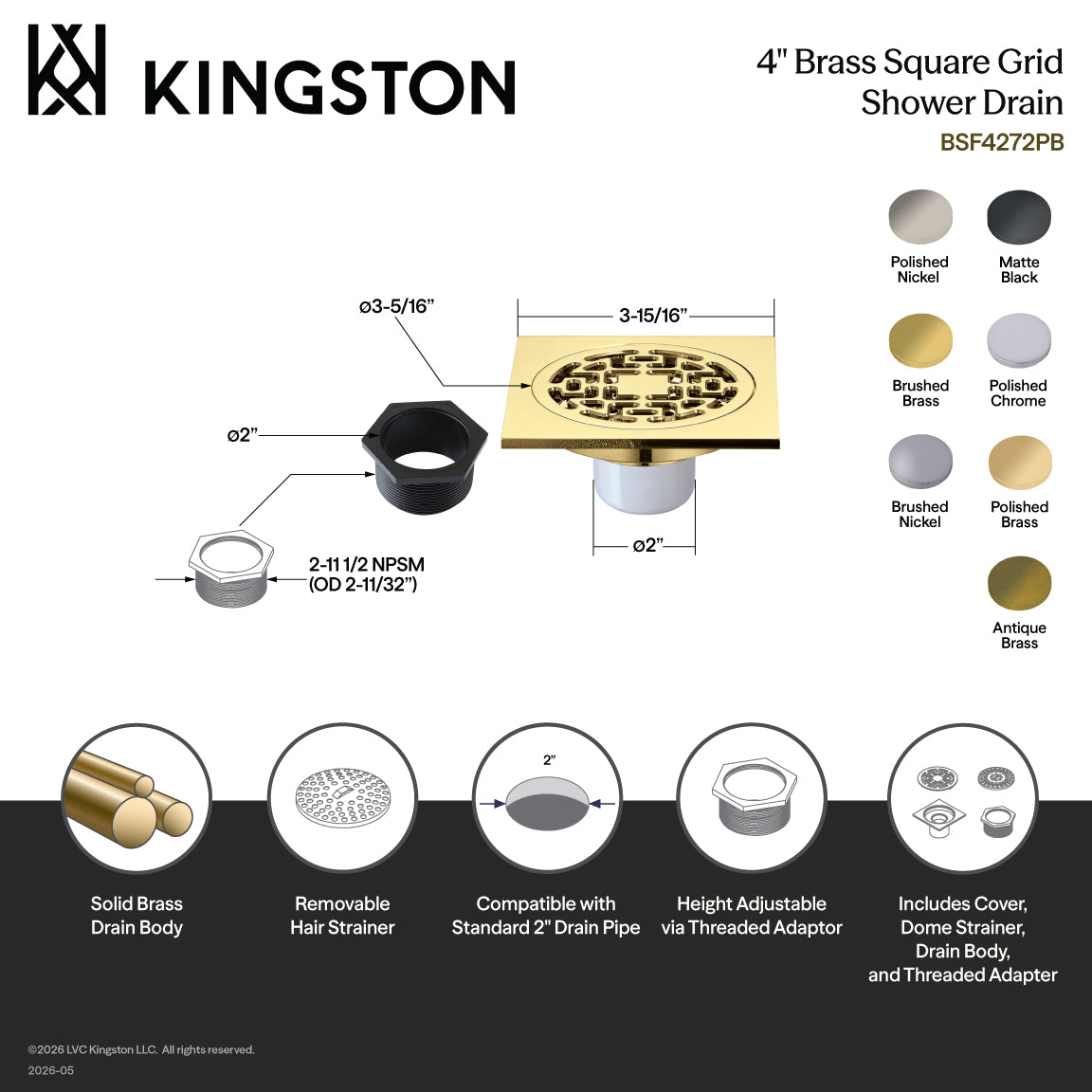 Kingston Watercourse BSF4272PN 4-Inch Brass Square Grid Shower Drain with Flange, Polished Nickel