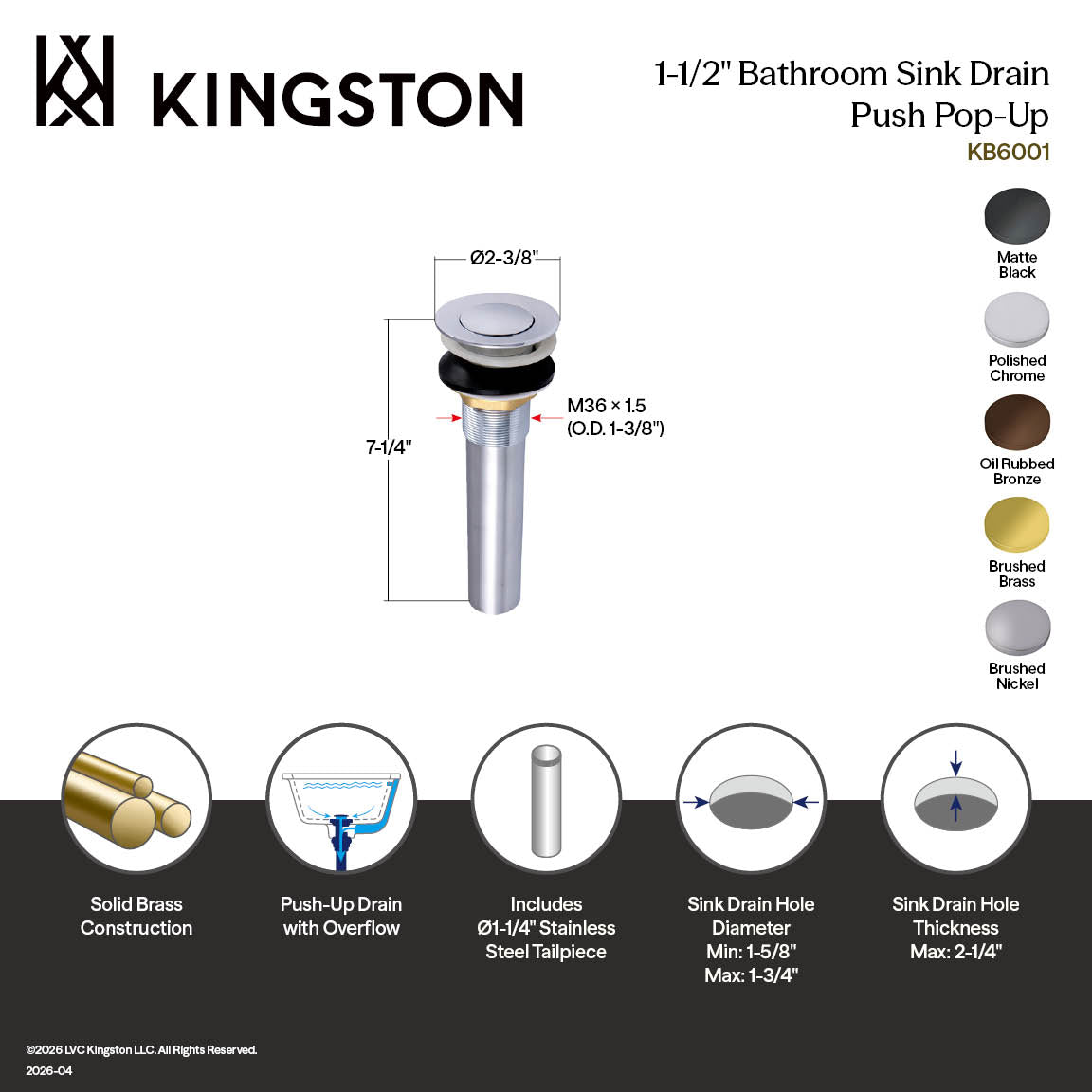 Kingston Complement KB6001 Brass Push Pop-Up Bathroom Sink Drain with Overflow, Polished Chrome