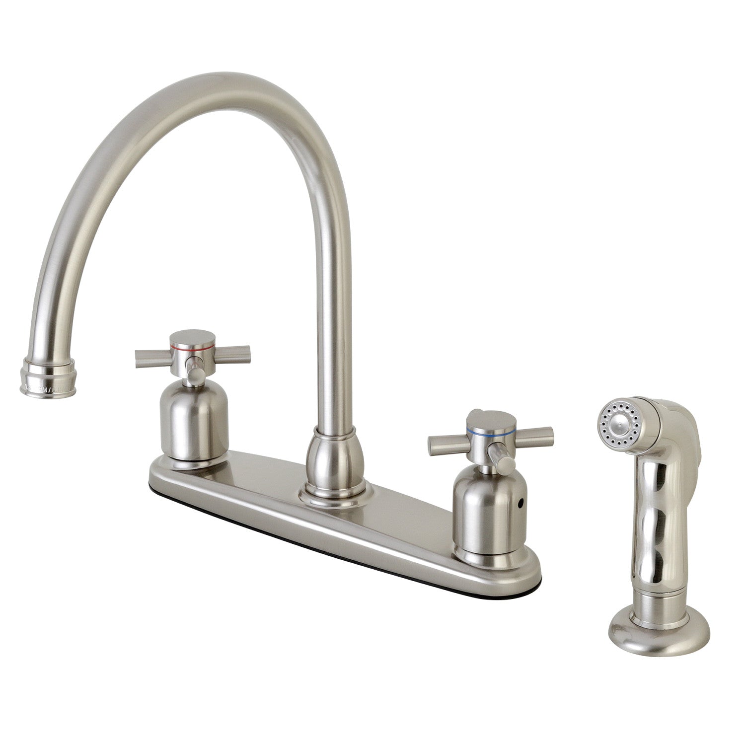 Kingston Tulare FB798DXSP - Robinet de cuisine central à deux poignées Concord 4 trous 8" avec pulvérisateur latéral, nickel brossé