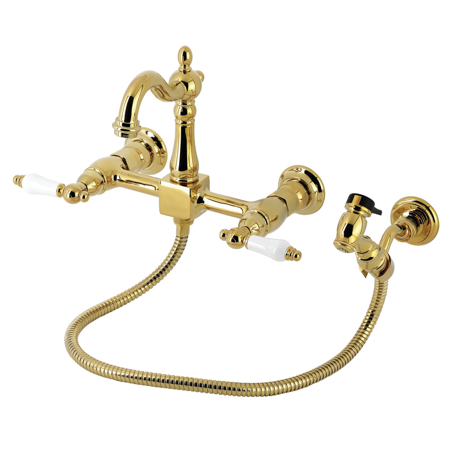 Kingston Heirloom KS2442PLBS - Robinet de cuisine à double poignée Heritage 3 trous Wall Mount Bridge avec pulvérisateur en laiton, laiton poli