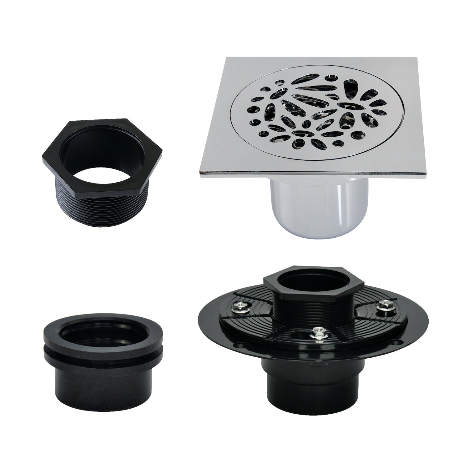 Kingston Watercourse BSFK6360C 4-Inch Brass Square Grid Shower Drain with Hair Strainer and Base Flange, Polished Chrome