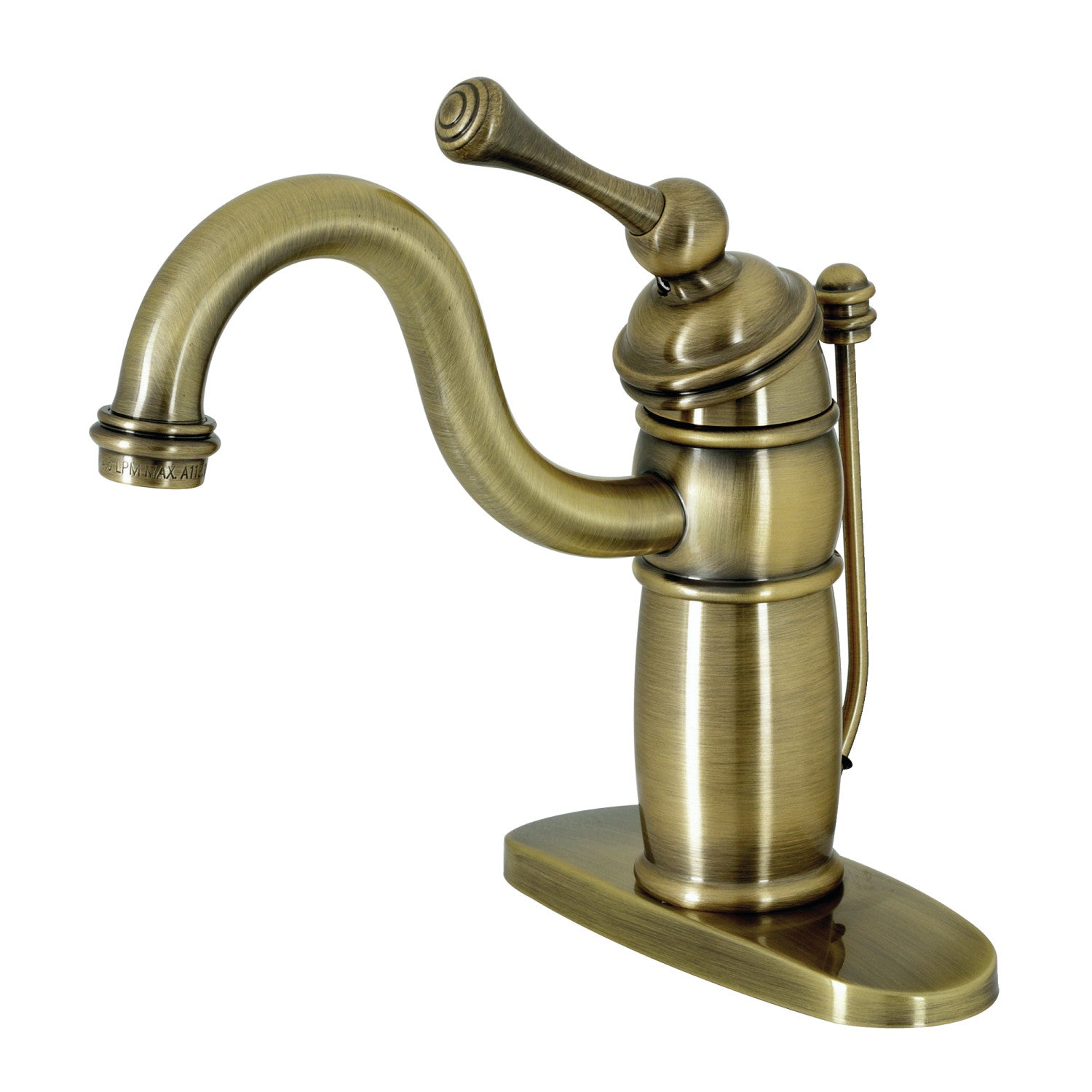 Kingston Heirloom KB1403BL - Robinet de salle de bain à une poignée victorienne 1 trou avec plaque de pont et drain à tirette, laiton antique