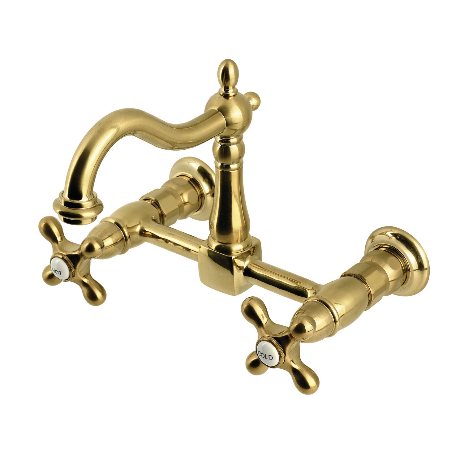 Kingston Heirloom KS1267AX - Robinet de cuisine à deux poignées Heritage 2 trous Wall Mount Bridge, laiton brossé