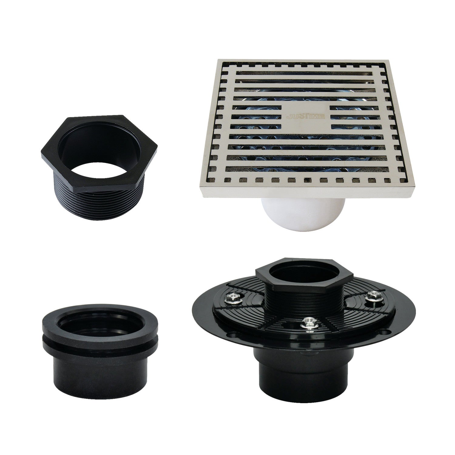 Kingston Watercourse BSFK4464PN 4-Inch Brass Square Grid Shower Drain with Hair Strainer and Base Flange, Polished Nickel