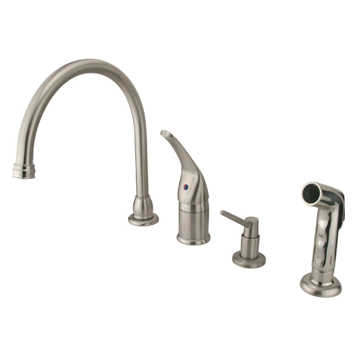 Kingston Tulare KB828K8 - Robinet de cuisine à une poignée Chatham 4 trous avec pulvérisateur latéral et distributeur de savon, nickel brossé