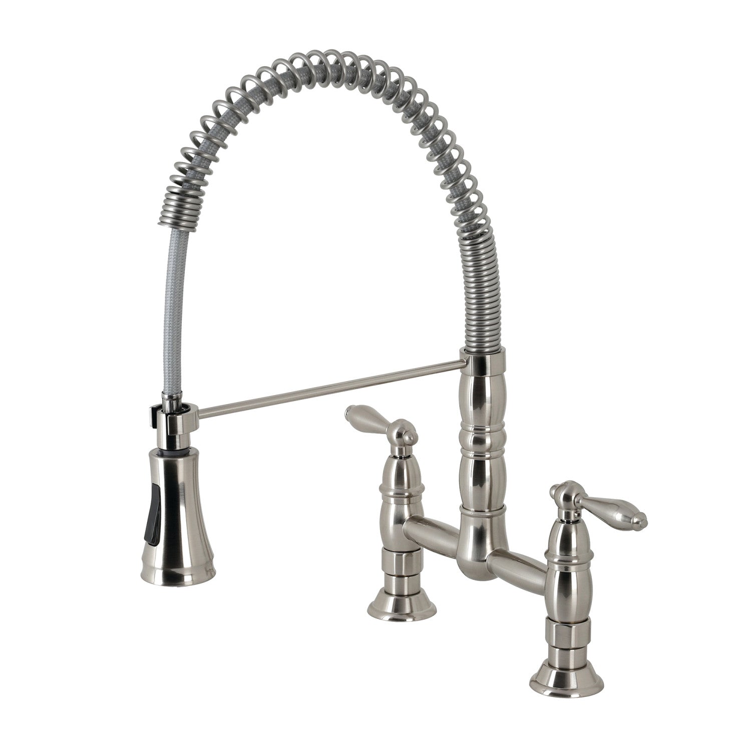 Kingston Tulare GS1278AL - Heritage Double-Handle 2-Hole Deck-Mount Pre-Rinse Bridge Kitchen Faucet, Brushed Nickel