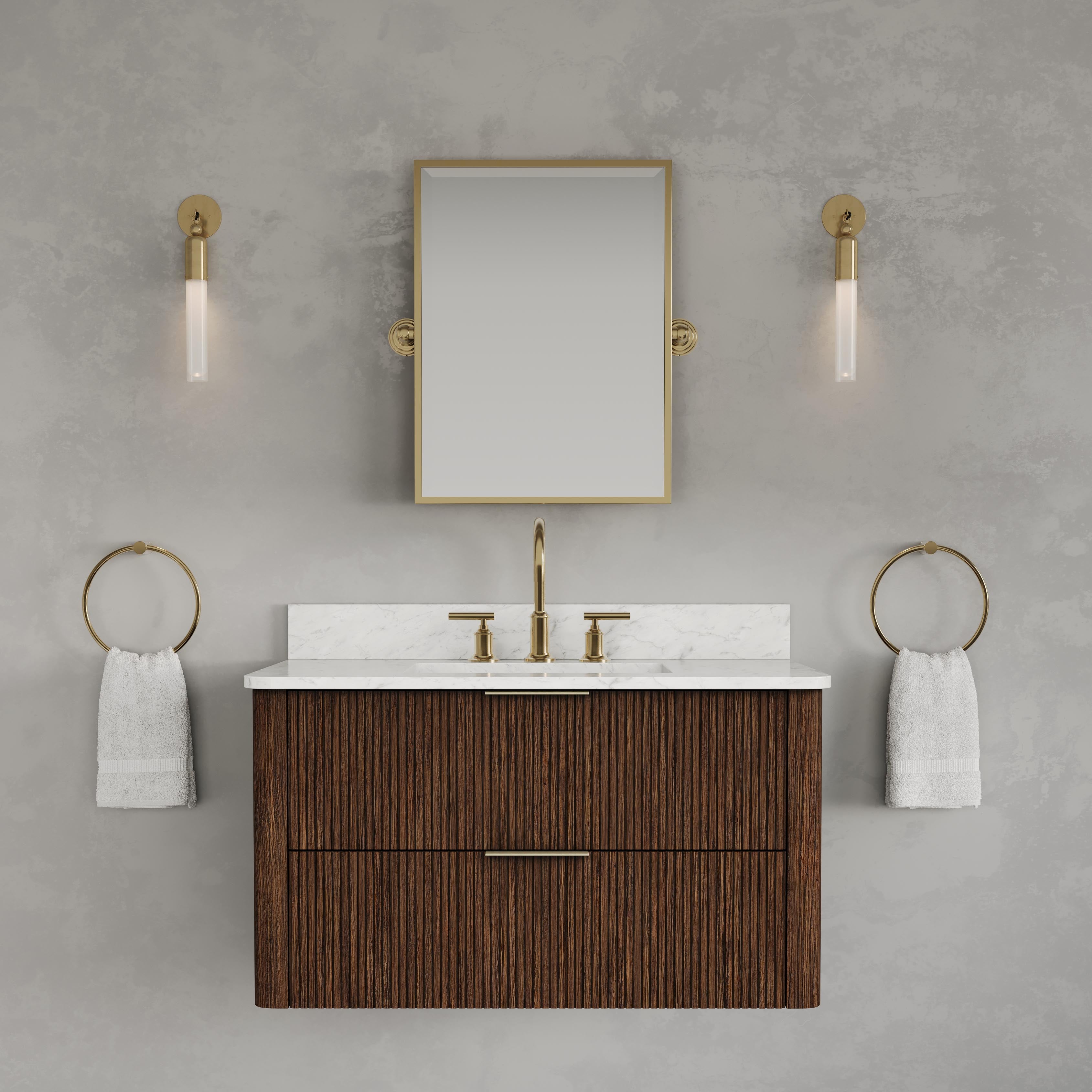 Kingston Luxe EU36EM00TO - 36 in. x 22 in. Bathroom Vanity Single Sink Freestanding with Carrara White Engineered Stone Top, Truffle Oak