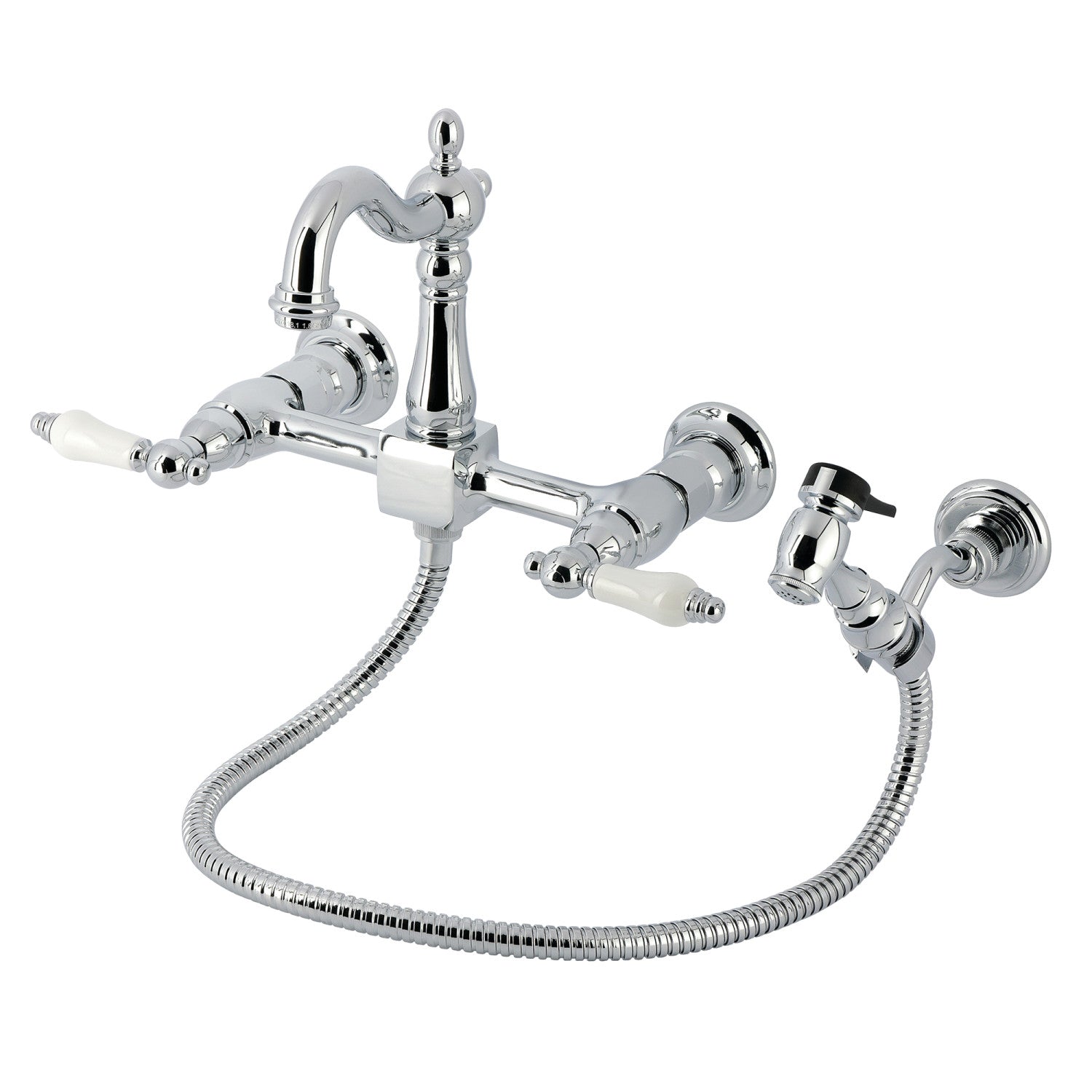 Kingston Heirloom KS2441PLBS - Robinet de cuisine à deux poignées Heritage 3 trous avec pulvérisateur en laiton, chrome poli