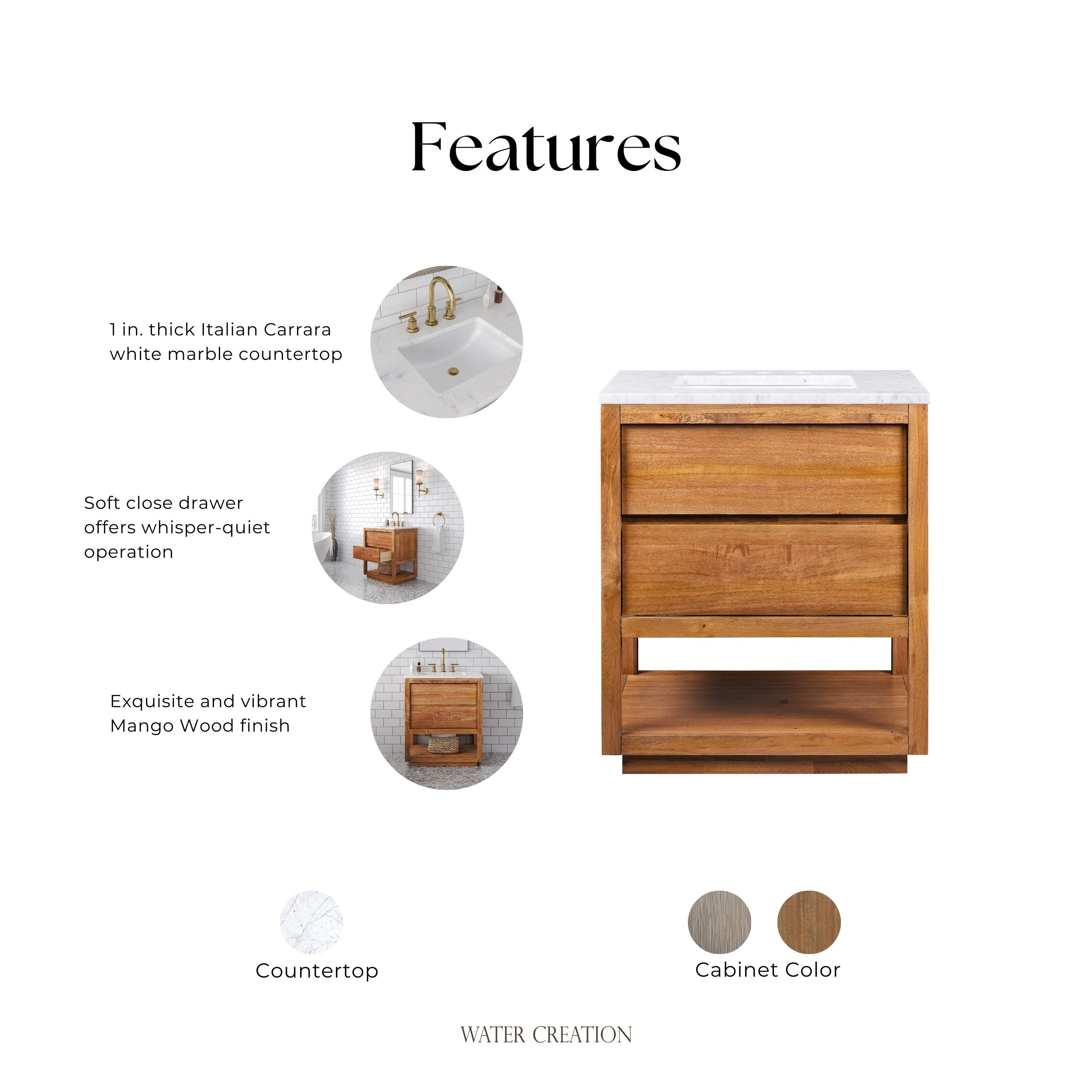 Kingston Luxe OA30CW00MW - 30 in. x 22 in. Bathroom Vanity Single Sink with White Marble Top and White Basin, Mango Wood