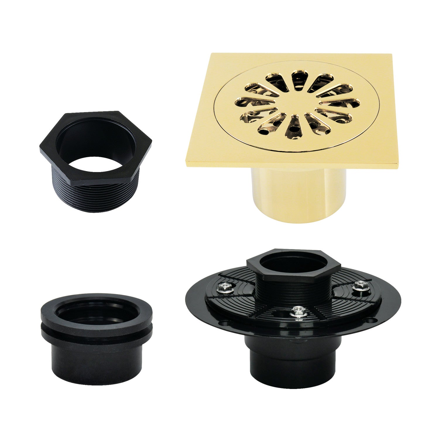 Kingston Watercourse BSFK4161PB 4-Inch Brass Square Grid Shower Drain with Hair Strainer and Base Flange, Polished Brass