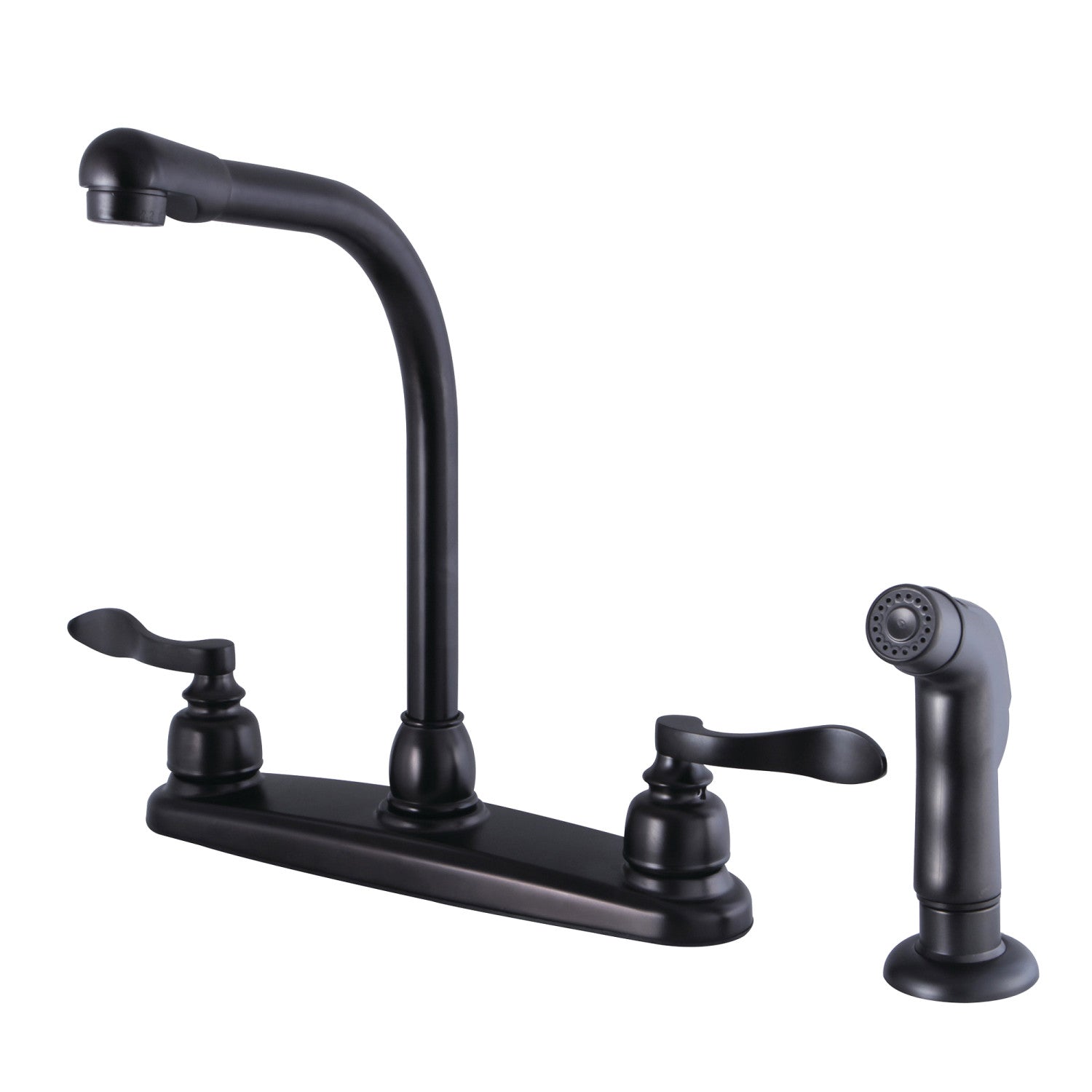 Kingston Tulare FB755NFLSP - NuWave Robinet de cuisine à deux poignées français 4 trous 8" robinet de cuisine avec pulvérisateur latéral, bronze frotté à l'huile
