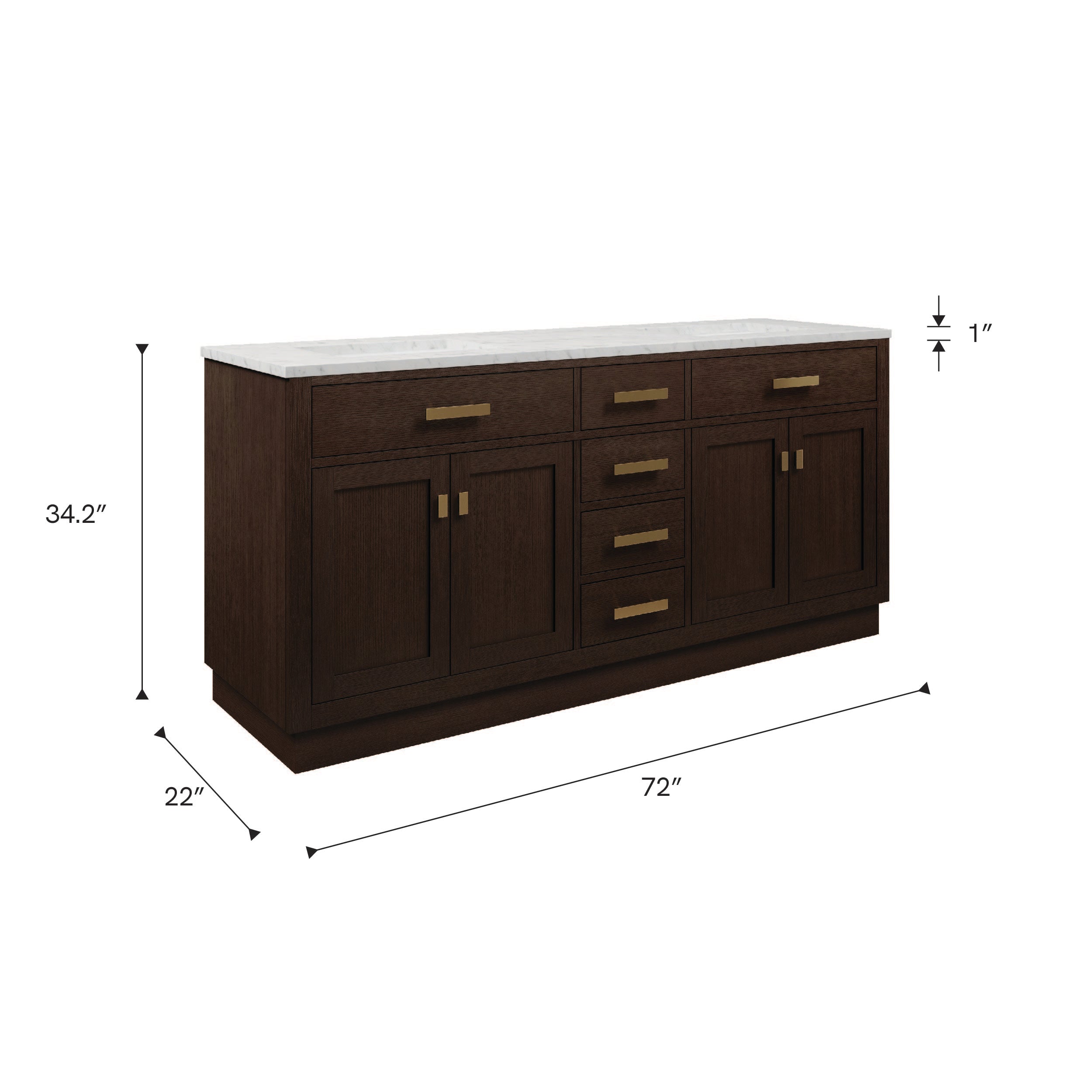 Kingston Luxe CH72CW06BK - 72 in. x 21.5 in. Bathroom Vanity Marble Top and White Basin, Brown Oak