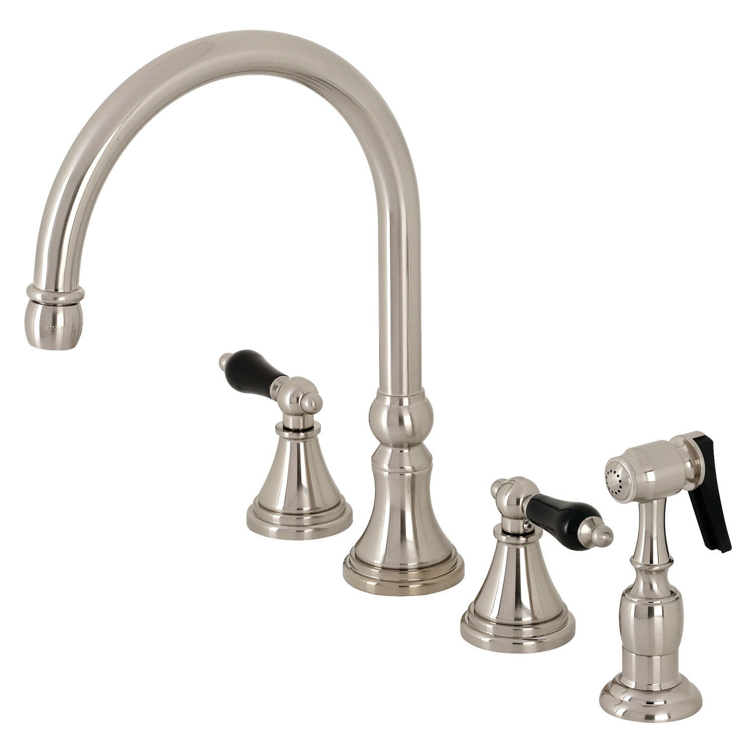 Kingston Tulare KS2798PKLBS - Robinet de cuisine à double poignée 4 trous avec pulvérisateur en laiton, nickel brossé